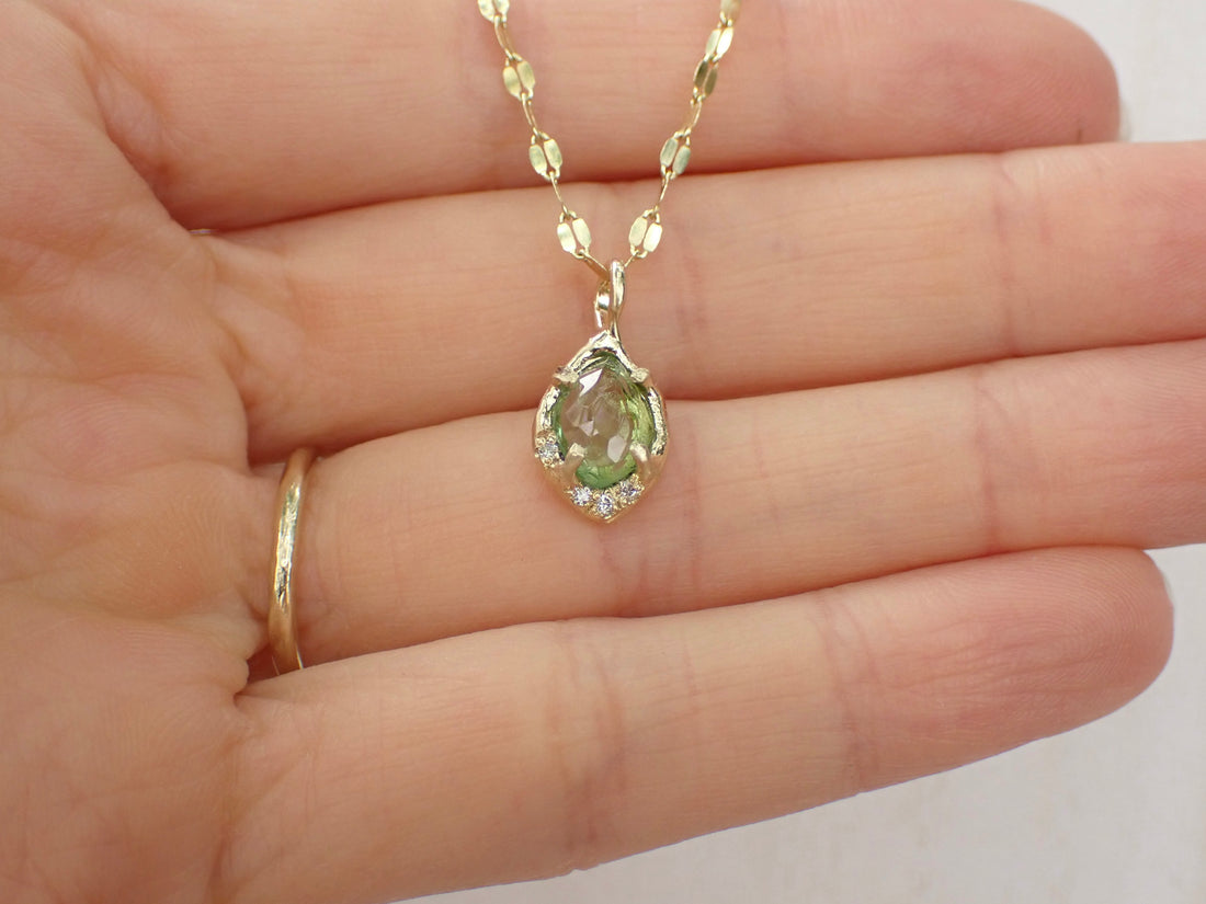 14k Green Tourmaline Necklace - Salt and Pepper Diamond Ring- mossNstone