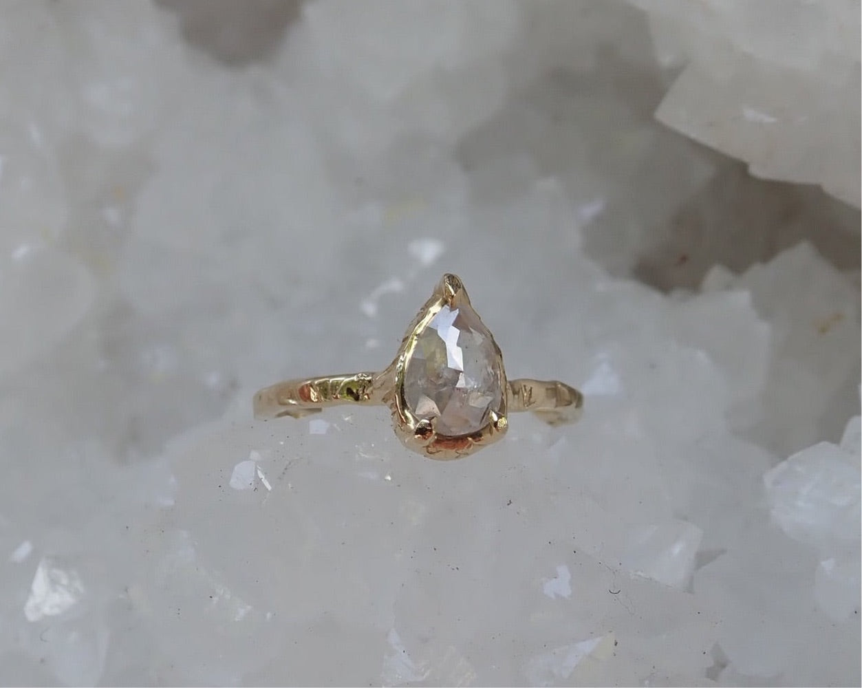 Salt and Pepper, Solitaire White Diamond Pear Set, Hand Carved in 14k yellow gold - Salt and Pepper Diamond Ring- mossNstone