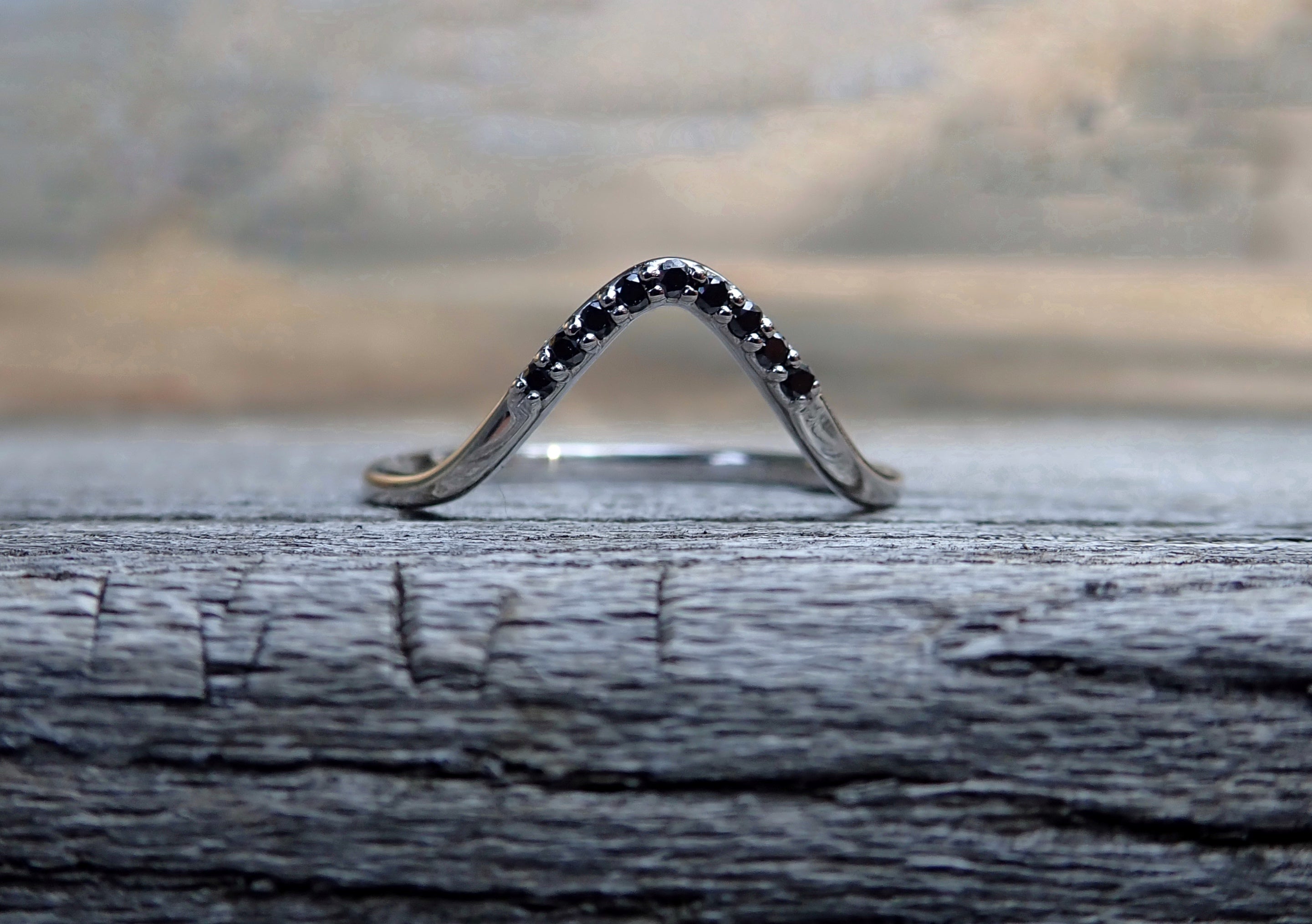 Diamond Accent Curved Wedding Band - Salt and Pepper Diamond Ring- mossNstone