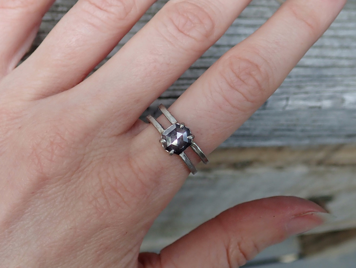 Custom: Hexagon Salt and Pepper Diamond Ring mossNstone