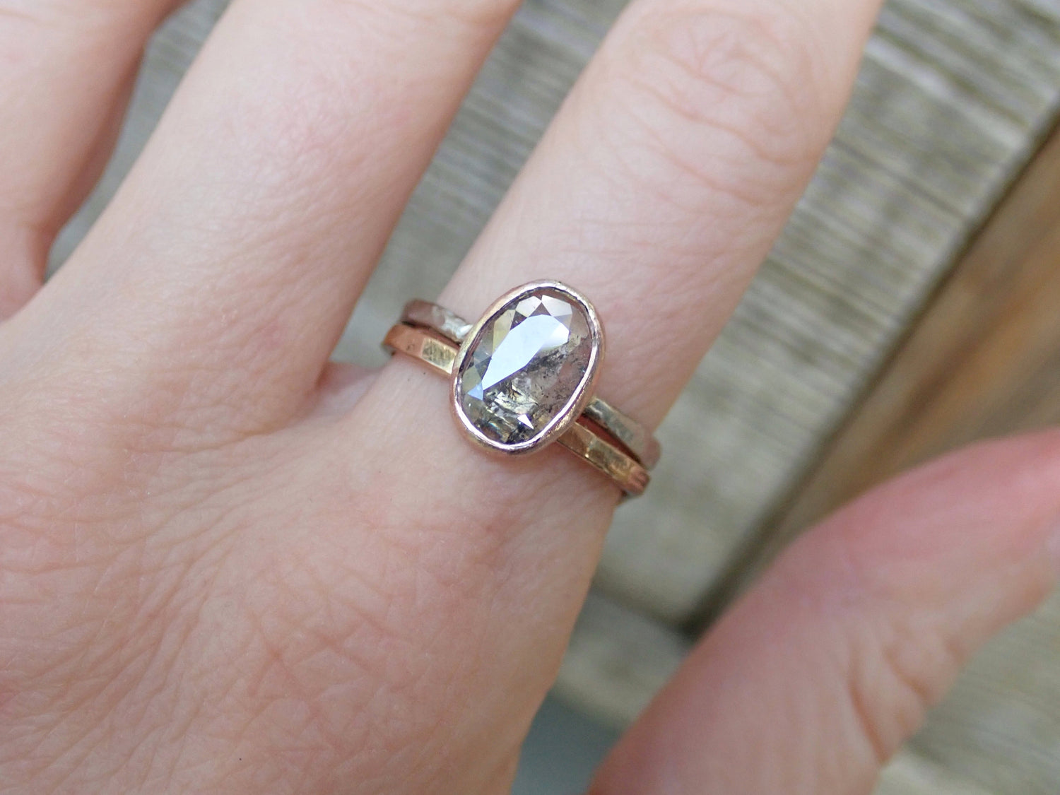 Custom: Cushion and Oval, Rose Cut Salt and Pepper Diamond Ring mossNstone