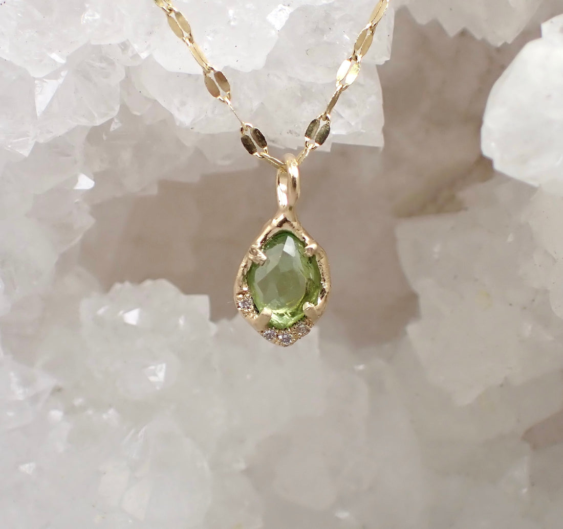 14k Green Tourmaline Necklace - Salt and Pepper Diamond Ring- mossNstone