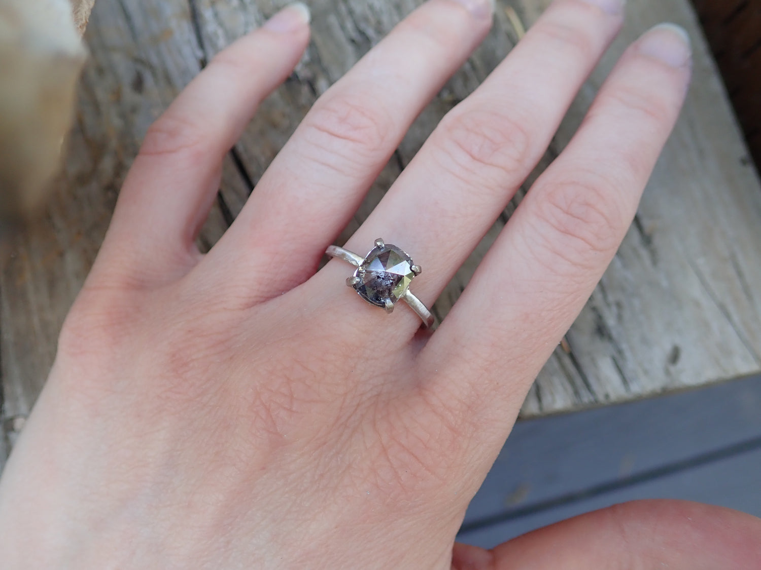 Custom: Cushion and Oval, Rose Cut Salt and Pepper Diamond Ring mossNstone