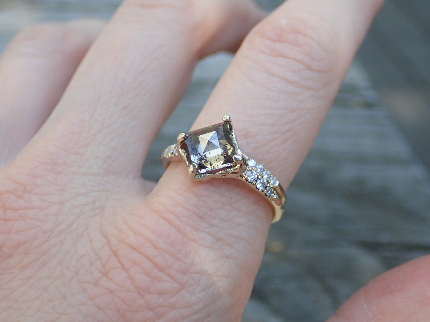 Salt and Pepper, Geometric Kite Diamond ring set, 14k Yellow Gold - Salt and Pepper Diamond Ring- mossNstone