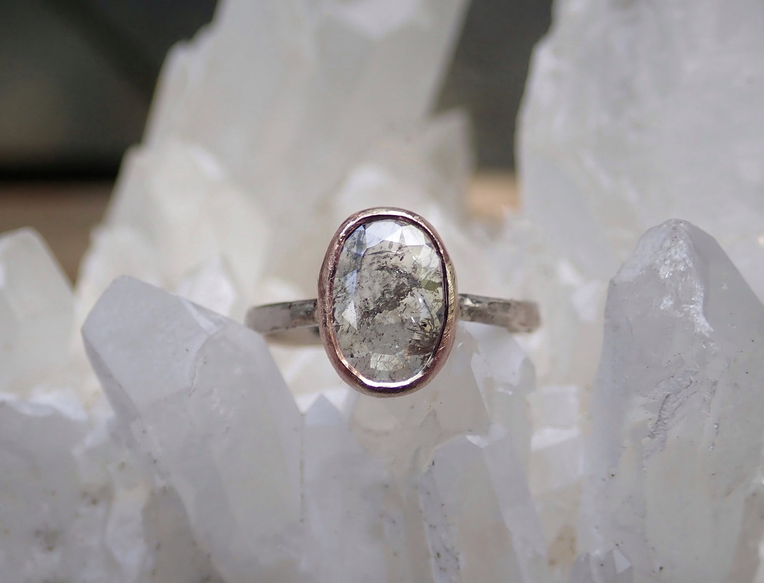 Custom: Cushion and Oval, Rose Cut Salt and Pepper Diamond Ring mossNstone