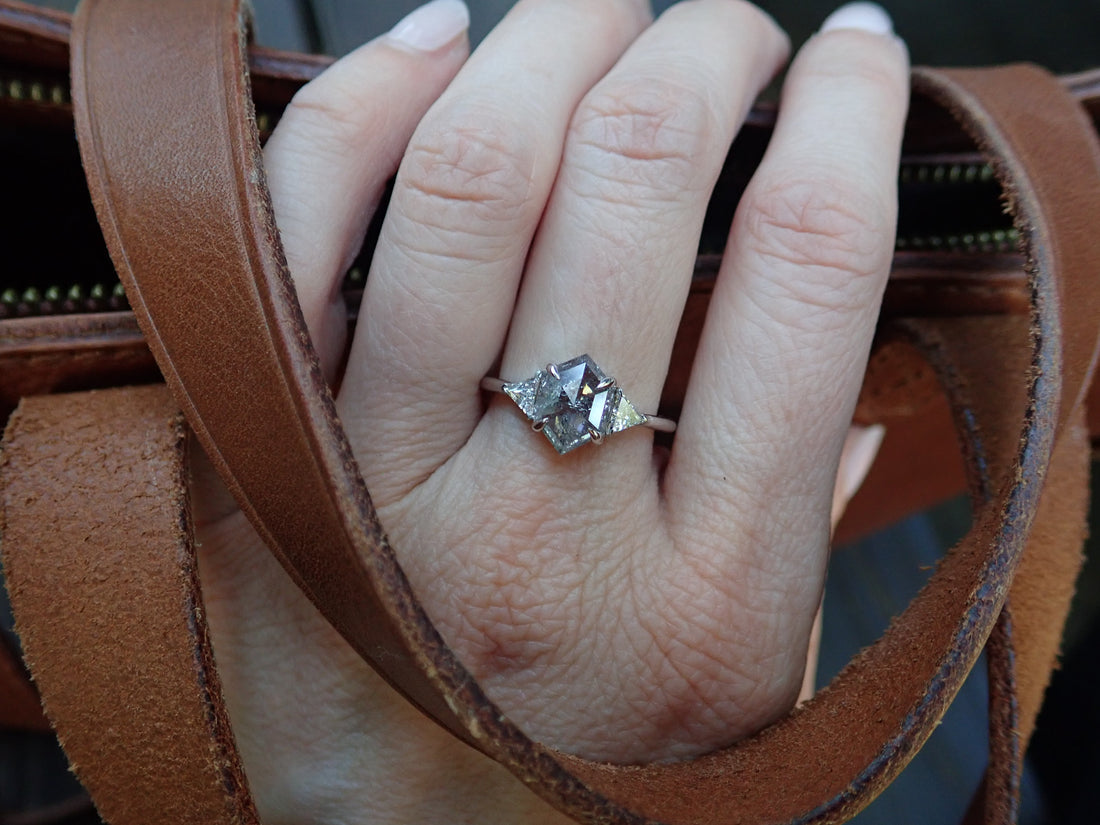 Salt and Pepper Hexagon Diamond Ring 14k White Gold - Salt and Pepper Diamond Ring- mossNstone