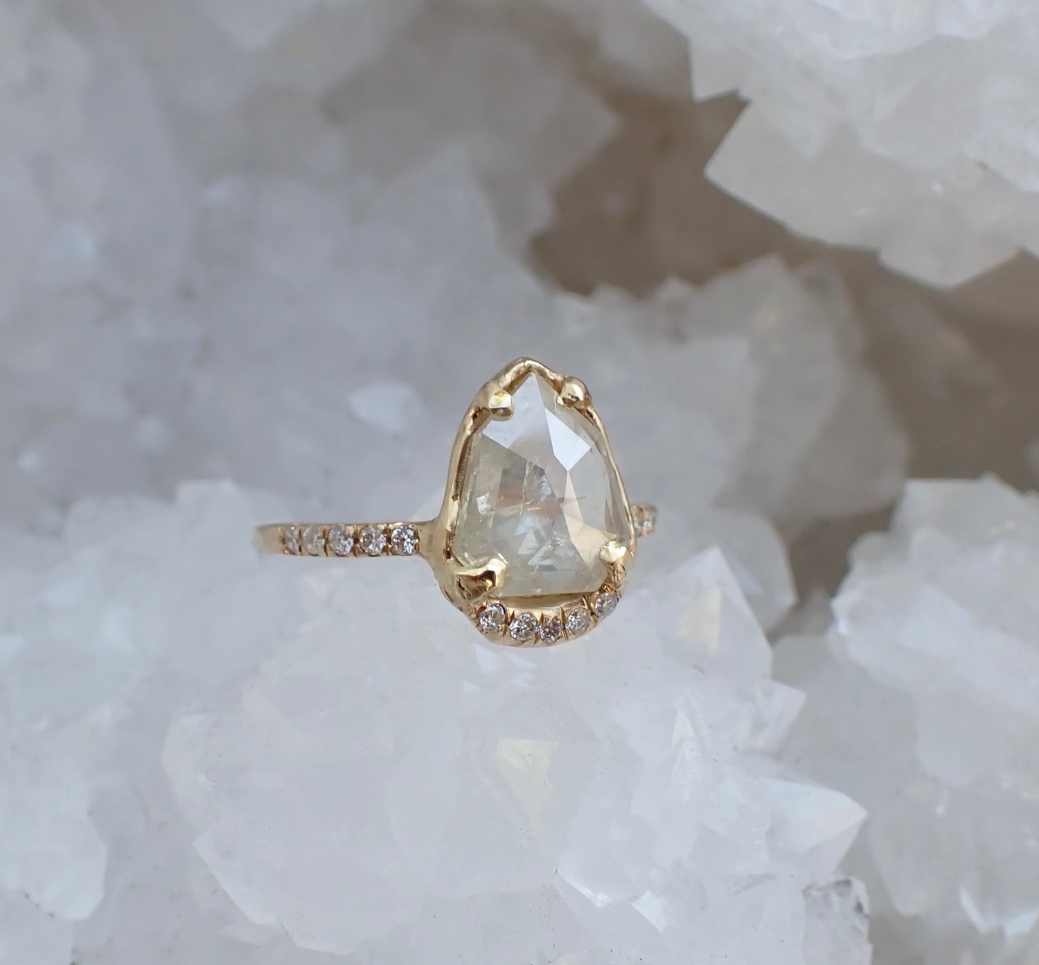 Icy White Shield Cut Diamond Ring - Salt and Pepper Diamond Ring- mossNstone