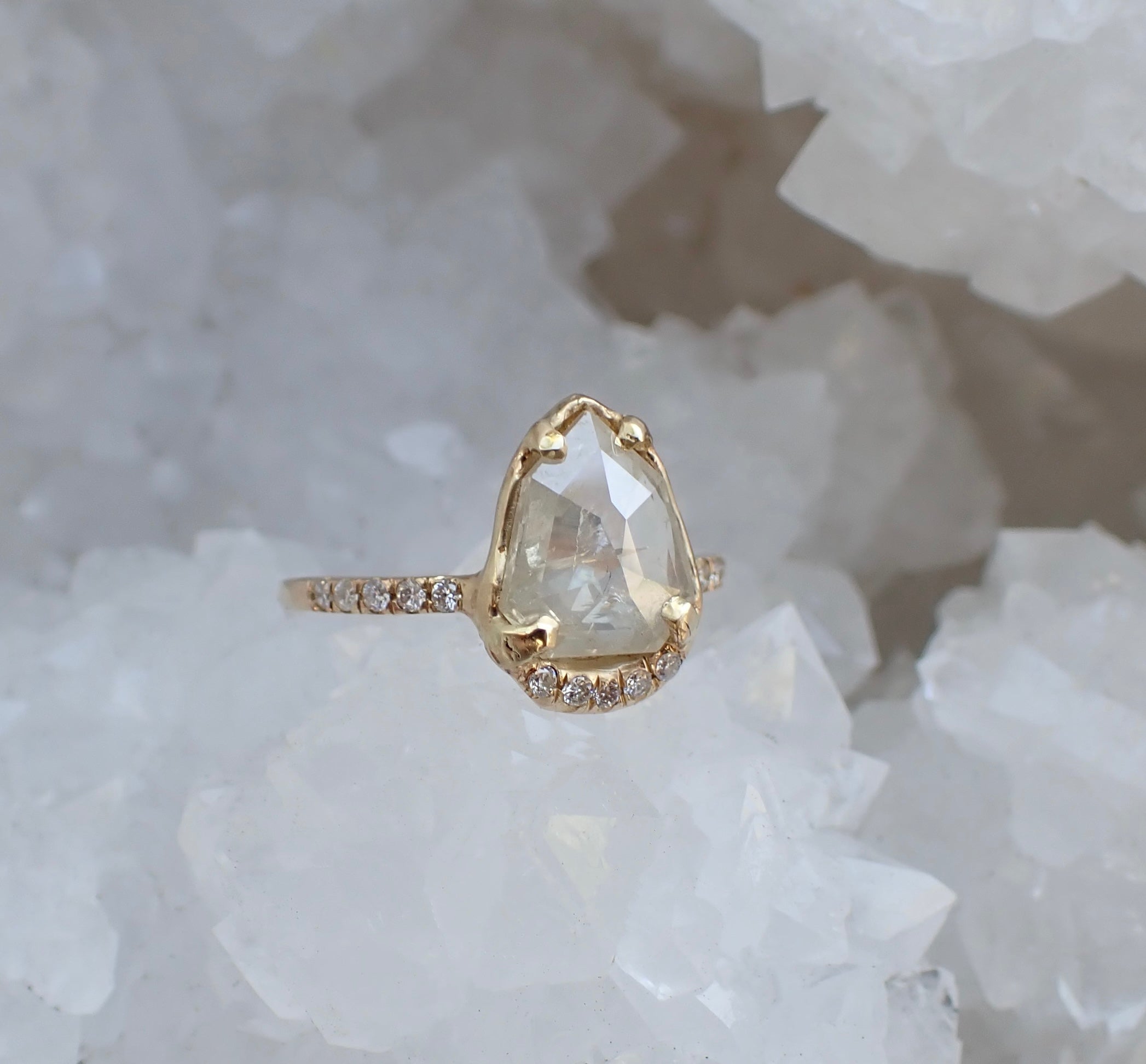 Icy White Shield Cut Diamond Ring - Salt and Pepper Diamond Ring- mossNstone