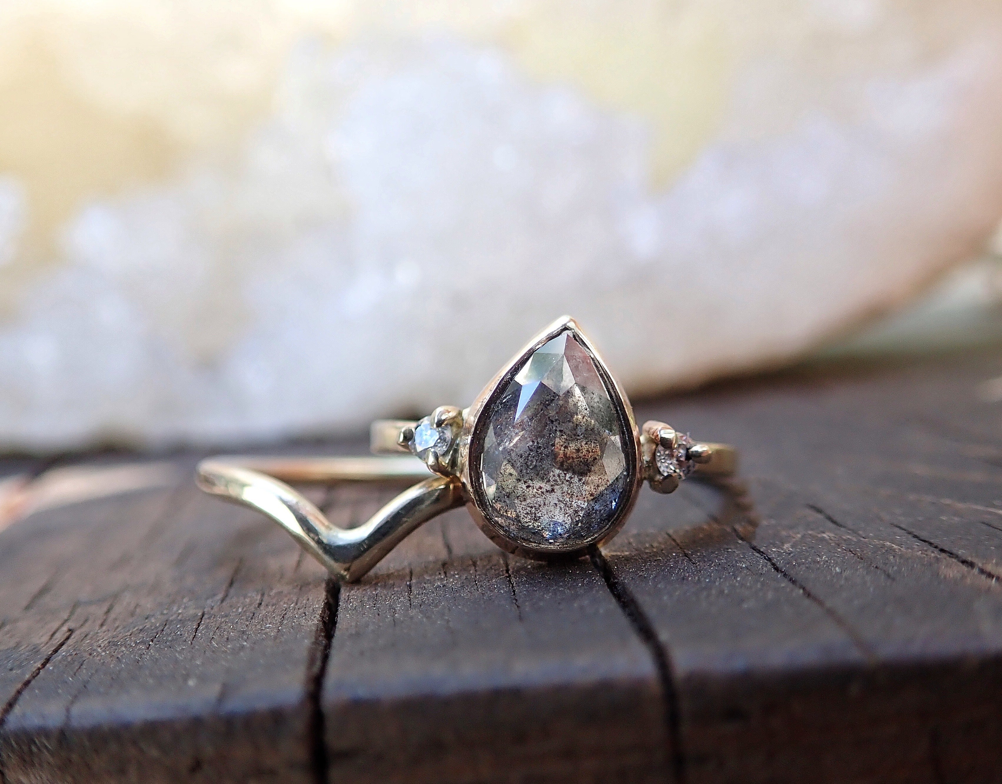Custom: Pear Salt and Pepper Diamond Ring mossNstone