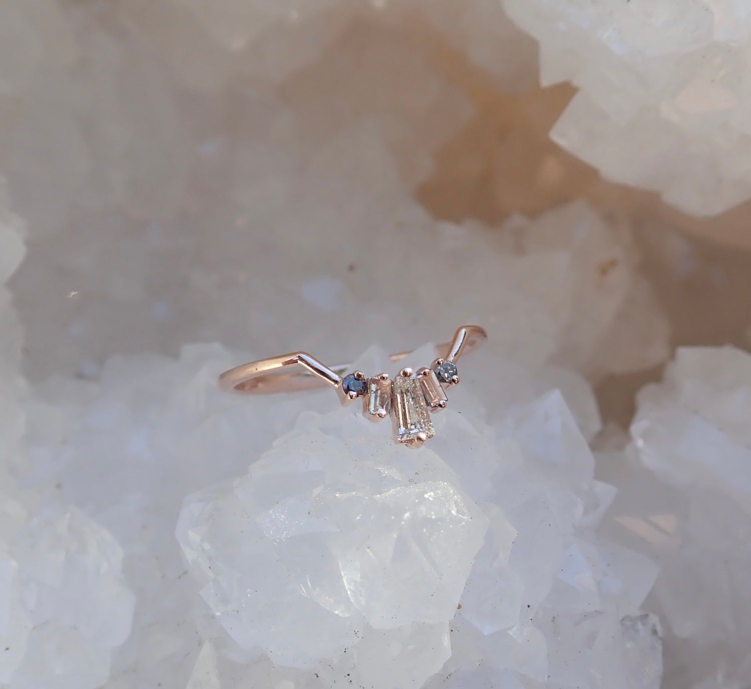 Baguette Accent band - Salt and Pepper Diamond Ring- mossNstone