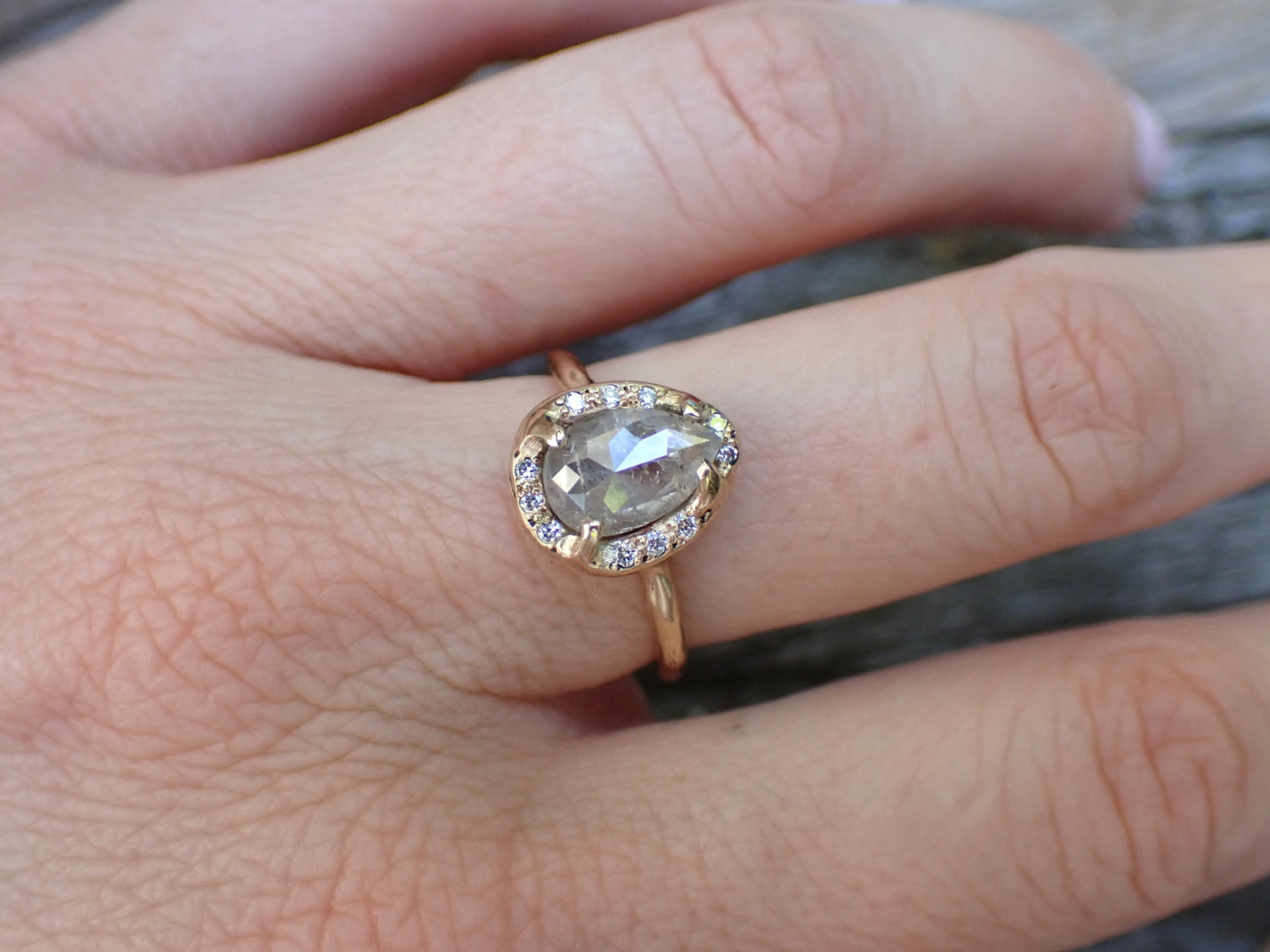 Icy White Salt and Pepper Pear Diamond Ring, in a Molten Diamond Halo - Salt and Pepper Diamond Ring- mossNstone