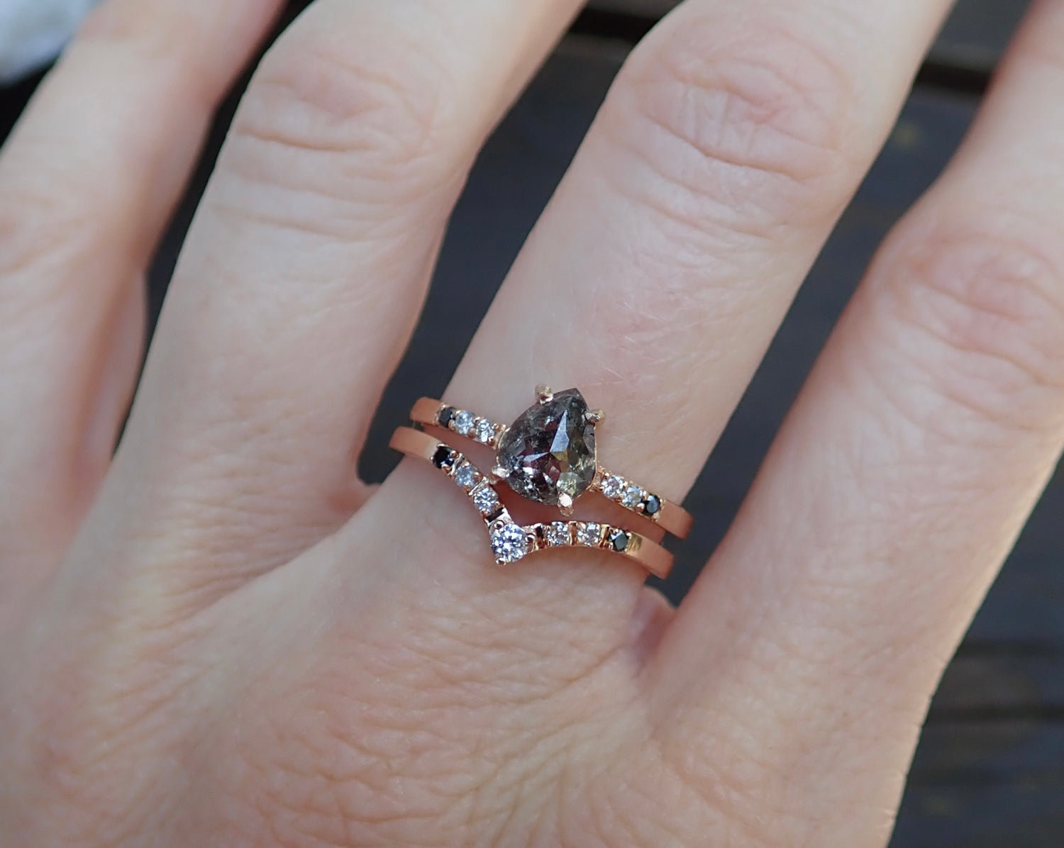 Chevron Ombre Diamond Accented Wedding Band - Salt and Pepper Diamond Ring- mossNstone