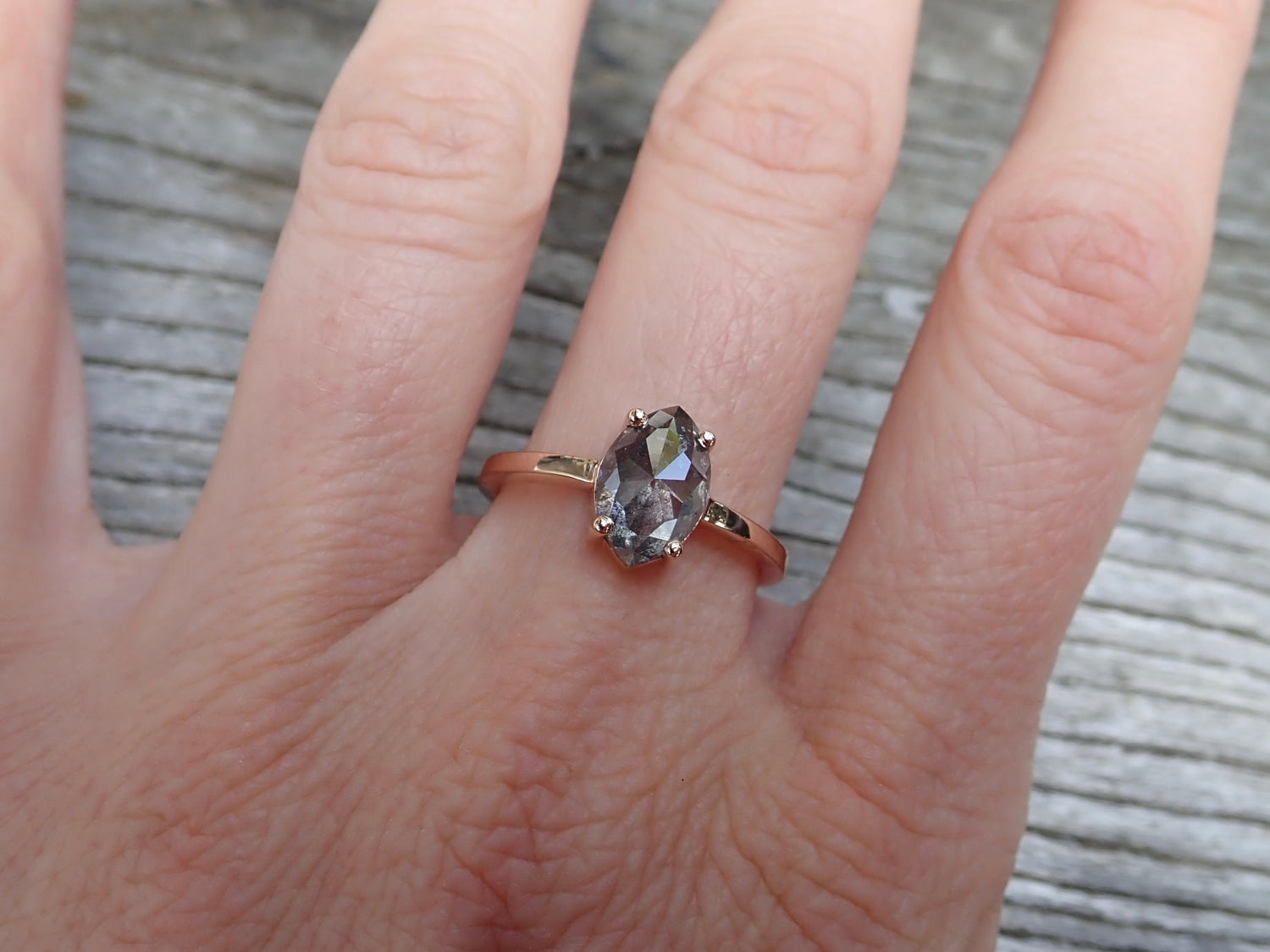 2.07ct Salt and Pepper Marquis Diamond Solitaire Ring 14k Rose Gold - Salt and Pepper Diamond Ring- mossNstone