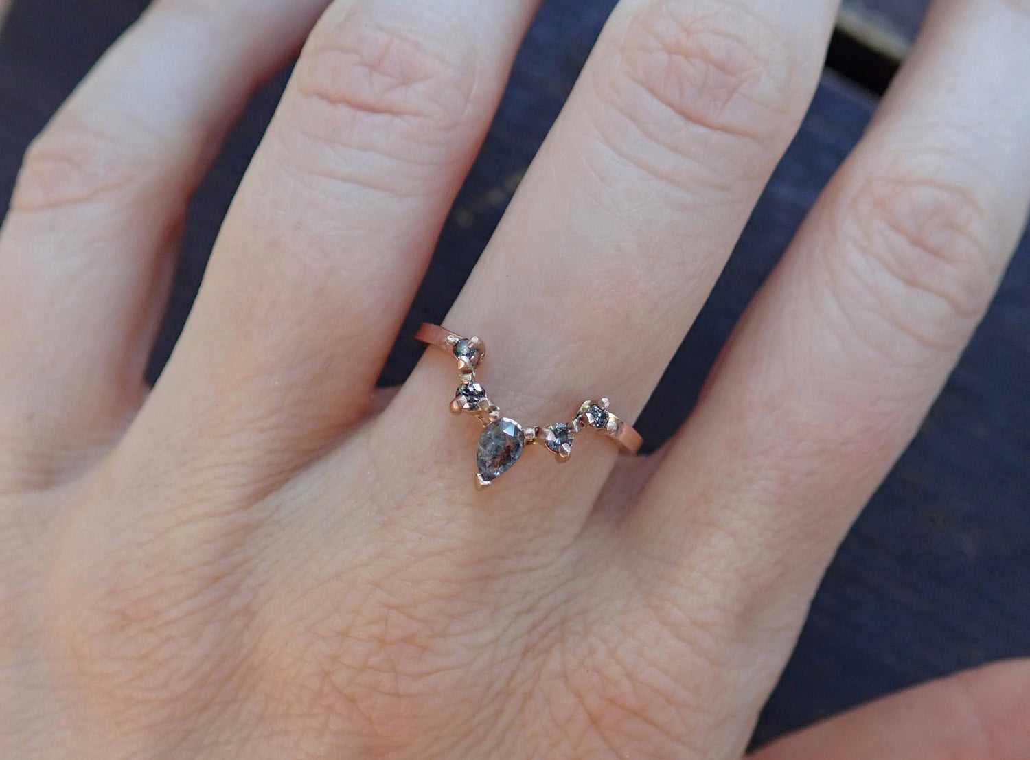 Inverted Diamond Crown Ring - Salt and Pepper Diamond Ring- mossNstone