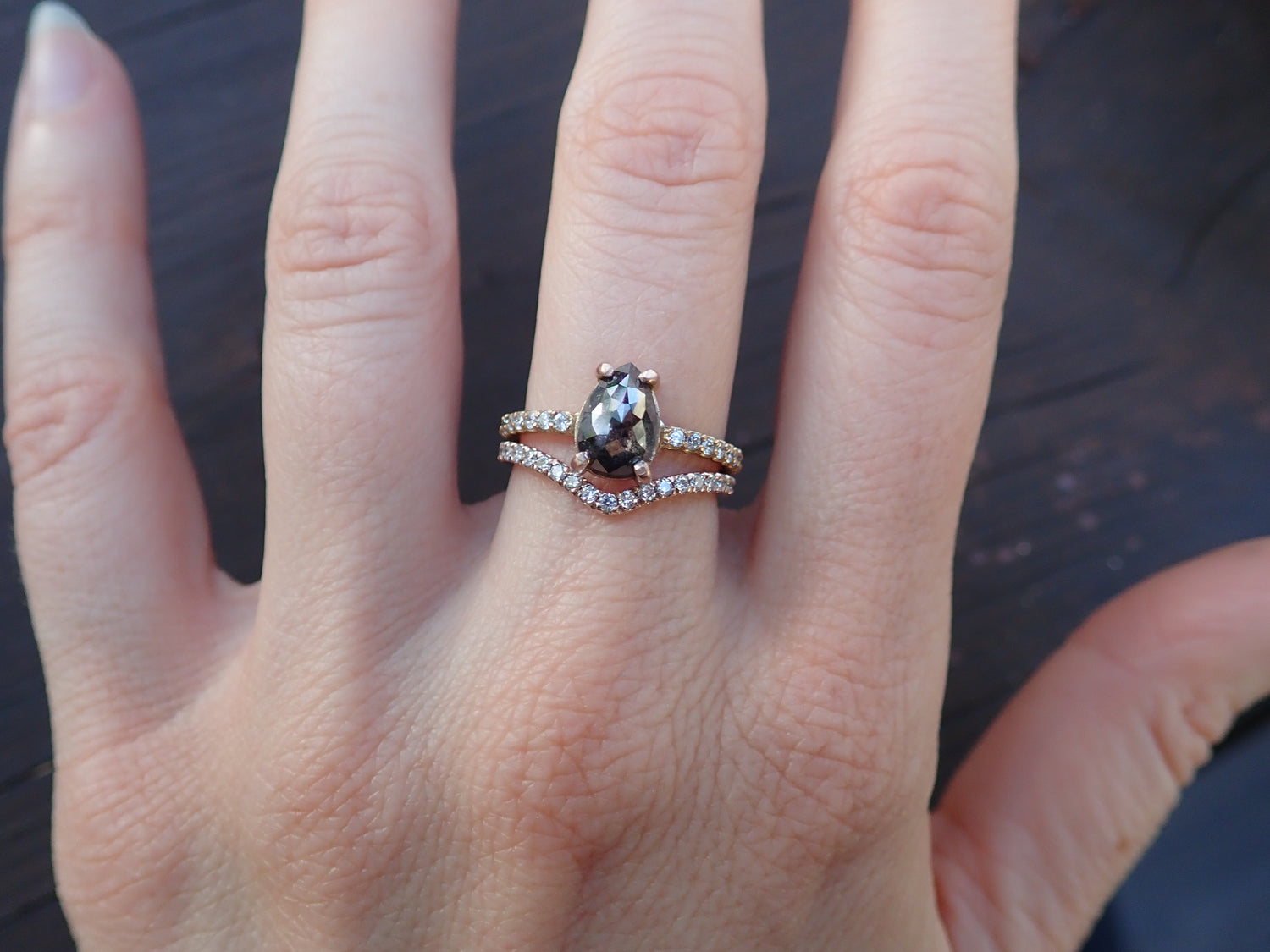 Pavé Chevron Diamond Wedding Band - Salt and Pepper Diamond Ring- mossNstone