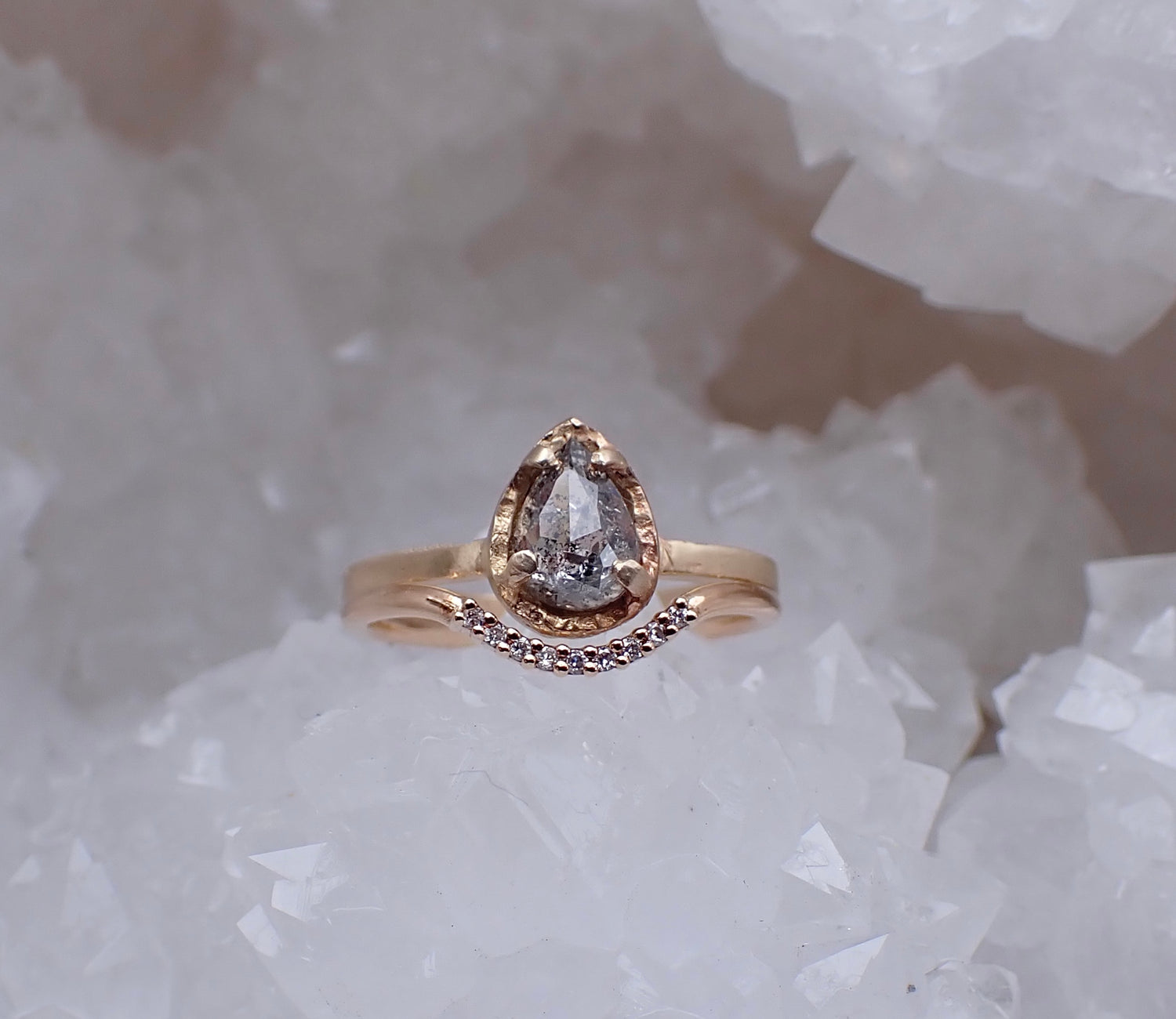 Petite Pavé Curved Wedding Band - Salt and Pepper Diamond Ring- mossNstone