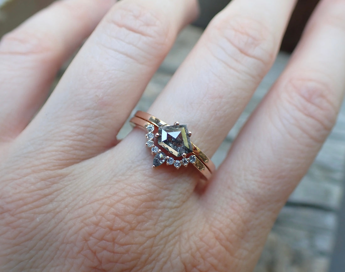 Shield Cut Salt and Pepper Diamond Ring Set, 14k Rose Gold - Salt and Pepper Diamond Ring- mossNstone