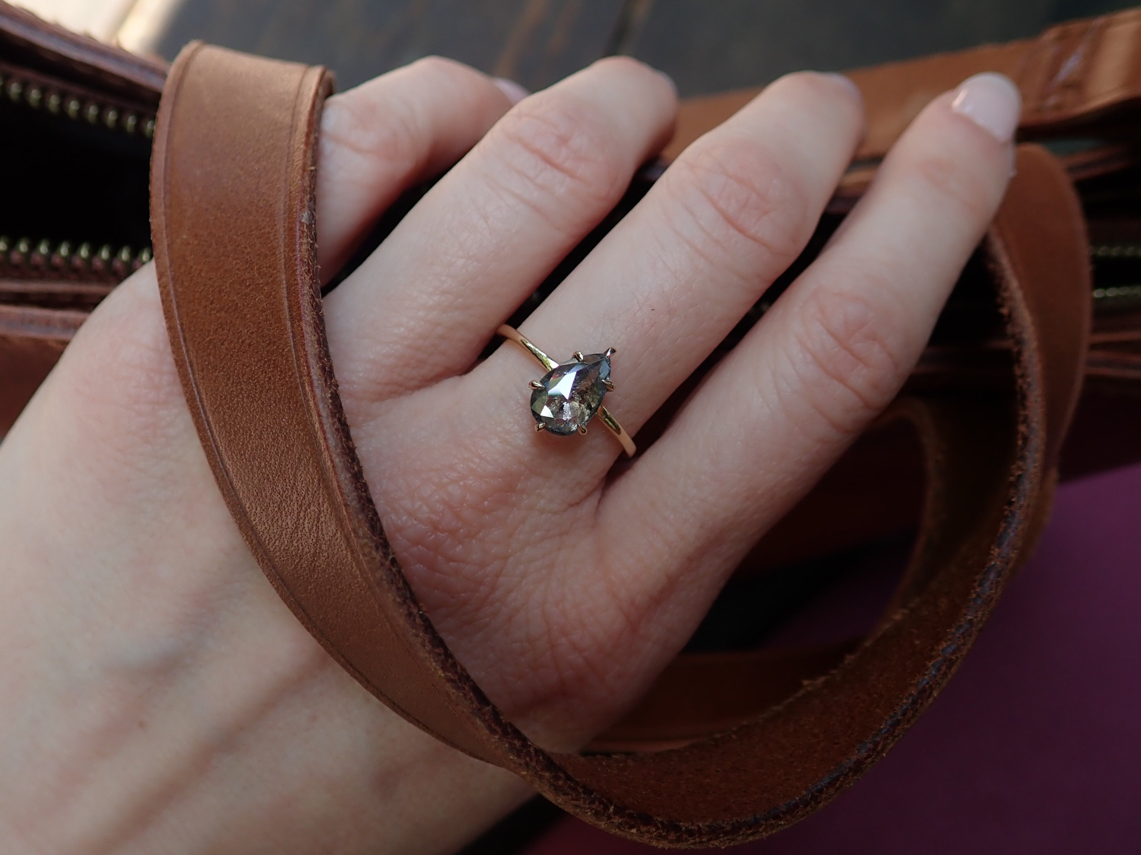 Salt and Pepper Pear Diamond Ring 14k yellow Gold, Six Prong Setting - mossNstone