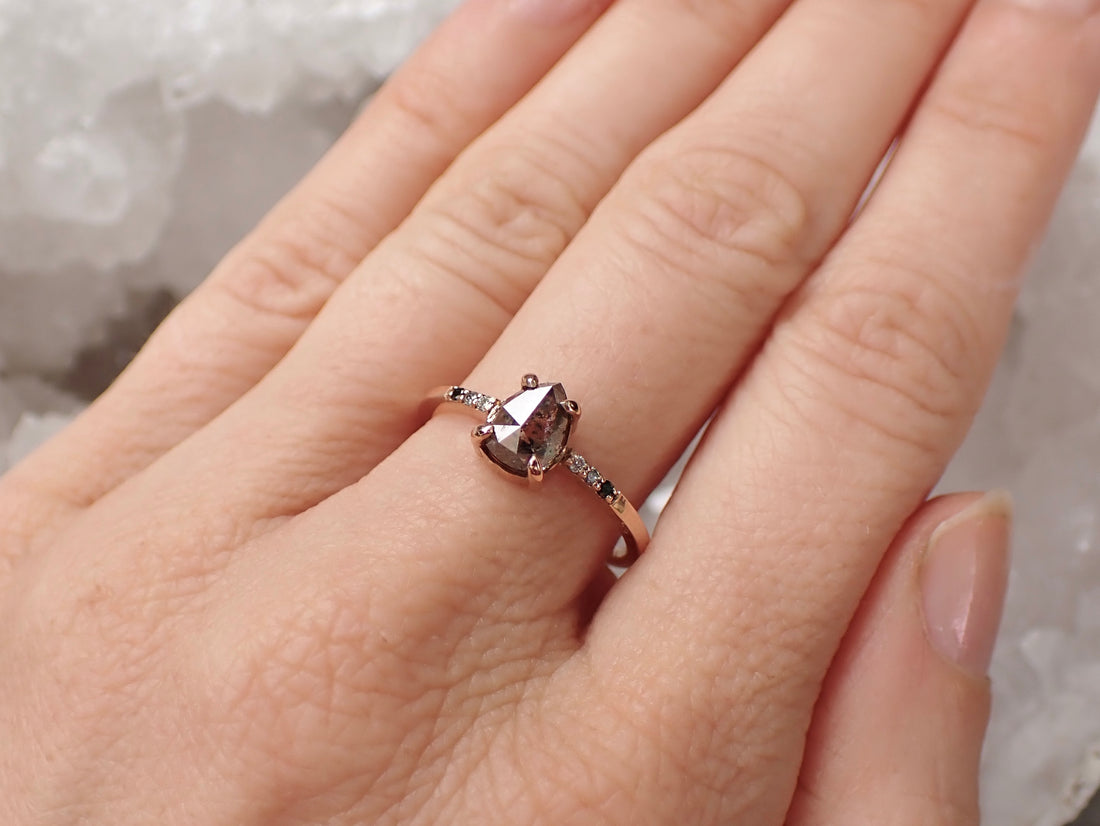 Salt and Pepper Pear - Ombre Accent Diamond Ring, 14k Rose Gold - Salt and Pepper Diamond Ring- mossNstone