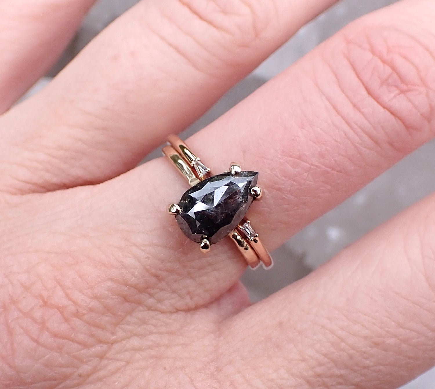 Baguette Cuff Wedding Band with White Diamonds - Salt and Pepper Diamond Ring- mossNstone