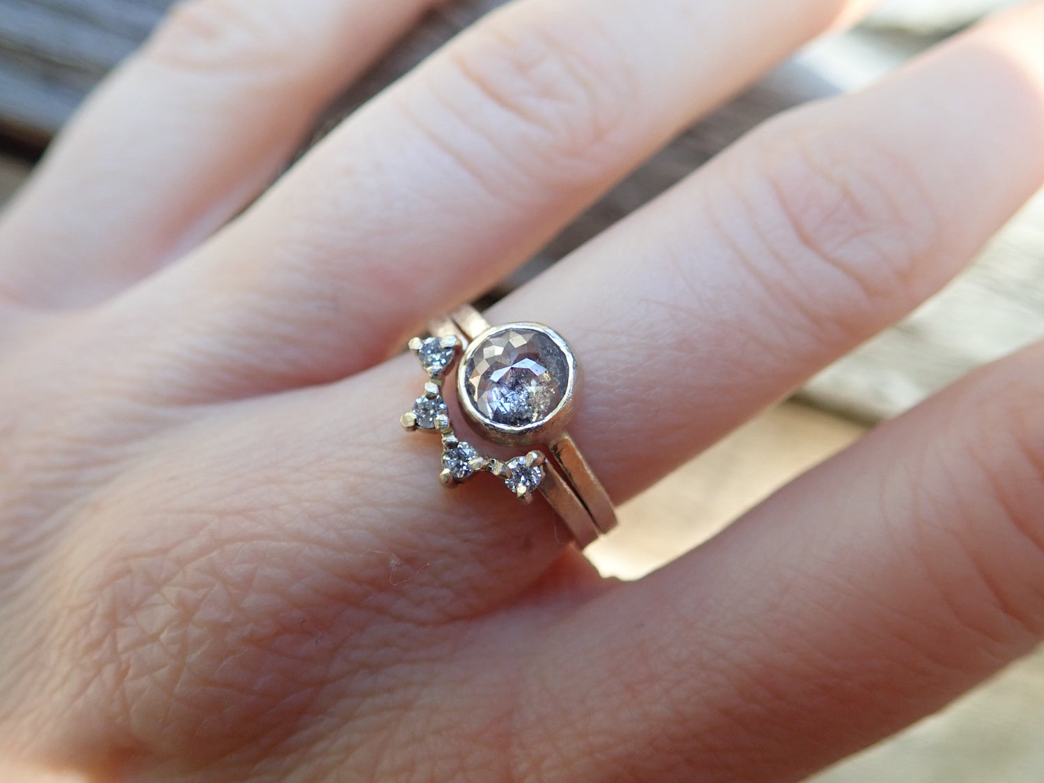 Custom: Round Rose Cut Salt and Pepper Diamond Ring mossNstone