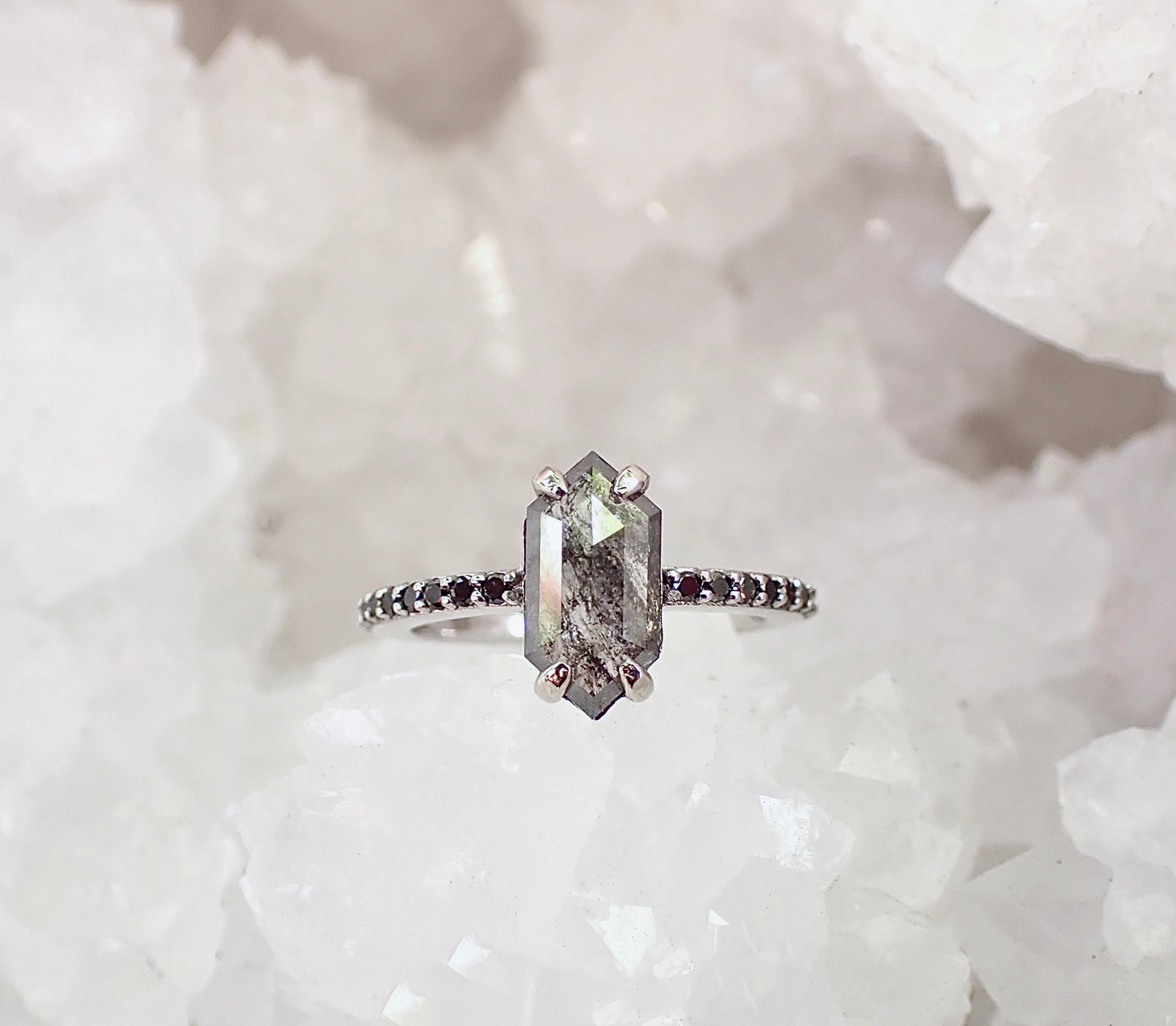 Custom: Elongated Hexagon Cut, Salt and Pepper Diamond Engagement Ring - Salt and Pepper Diamond Ring- mossNstone