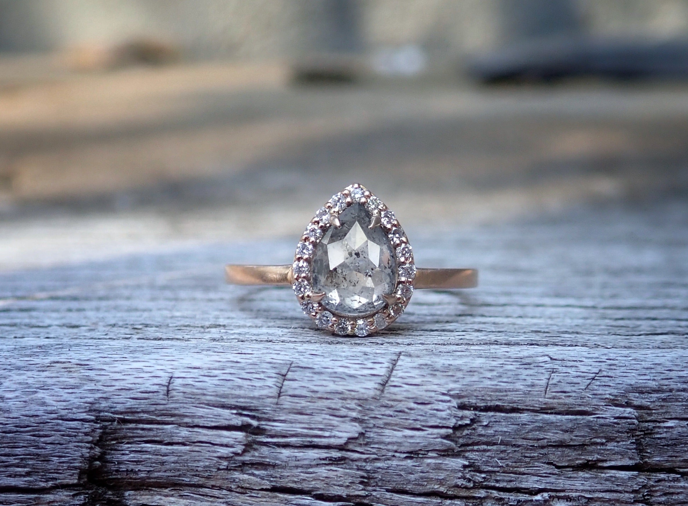 Halo Salt and Pepper Pear Diamond Ring 14k Rose Gold - Salt and Pepper Diamond Ring- mossNstone