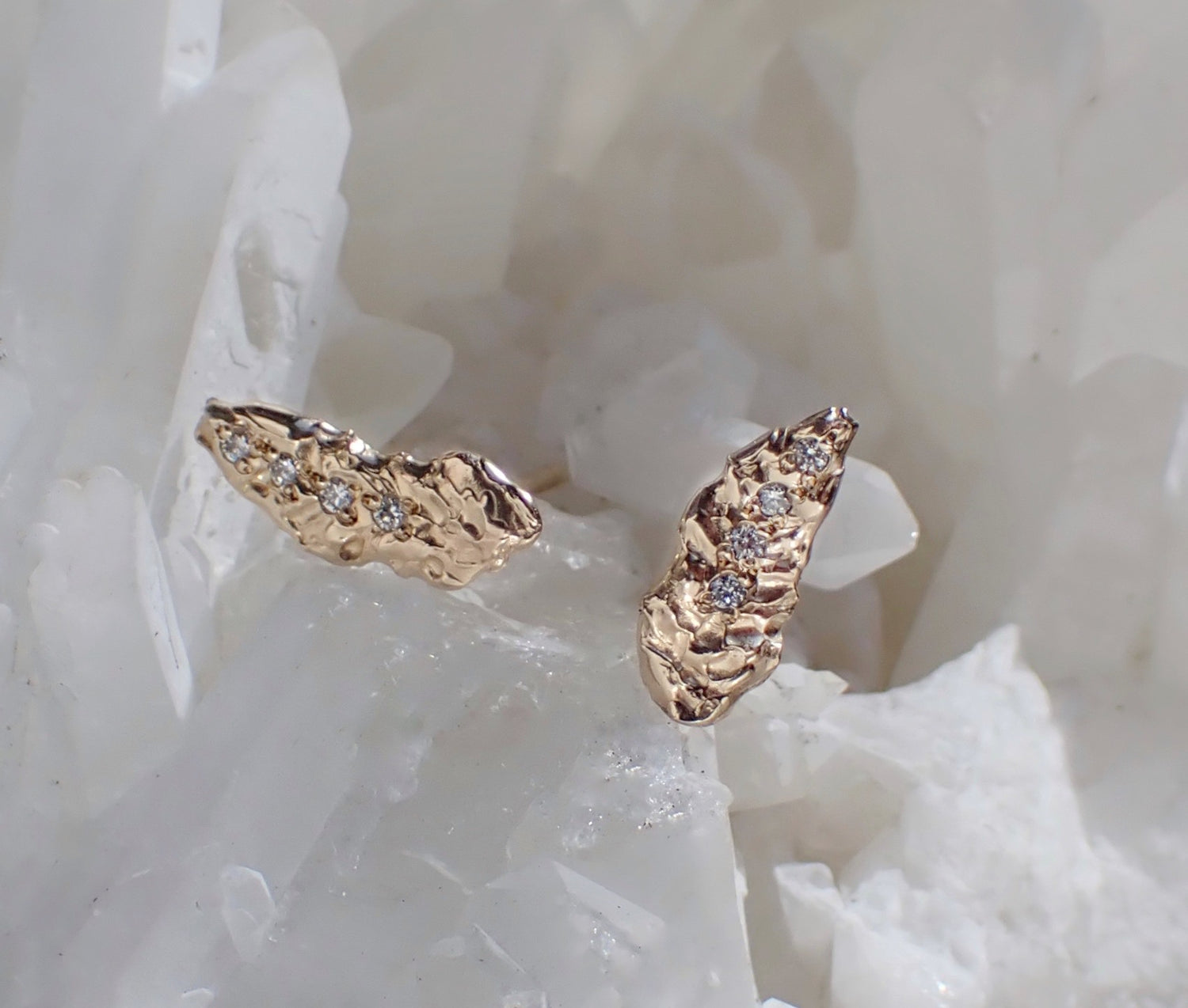 Leaf + diamond accent studs, hand carved, 14k gold - mossNstone