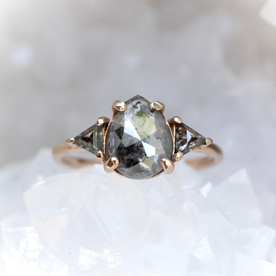 Salt and Pepper Pear Diamond Ring With Triangle Diamond Accents - Salt and Pepper Diamond Ring- mossNstone