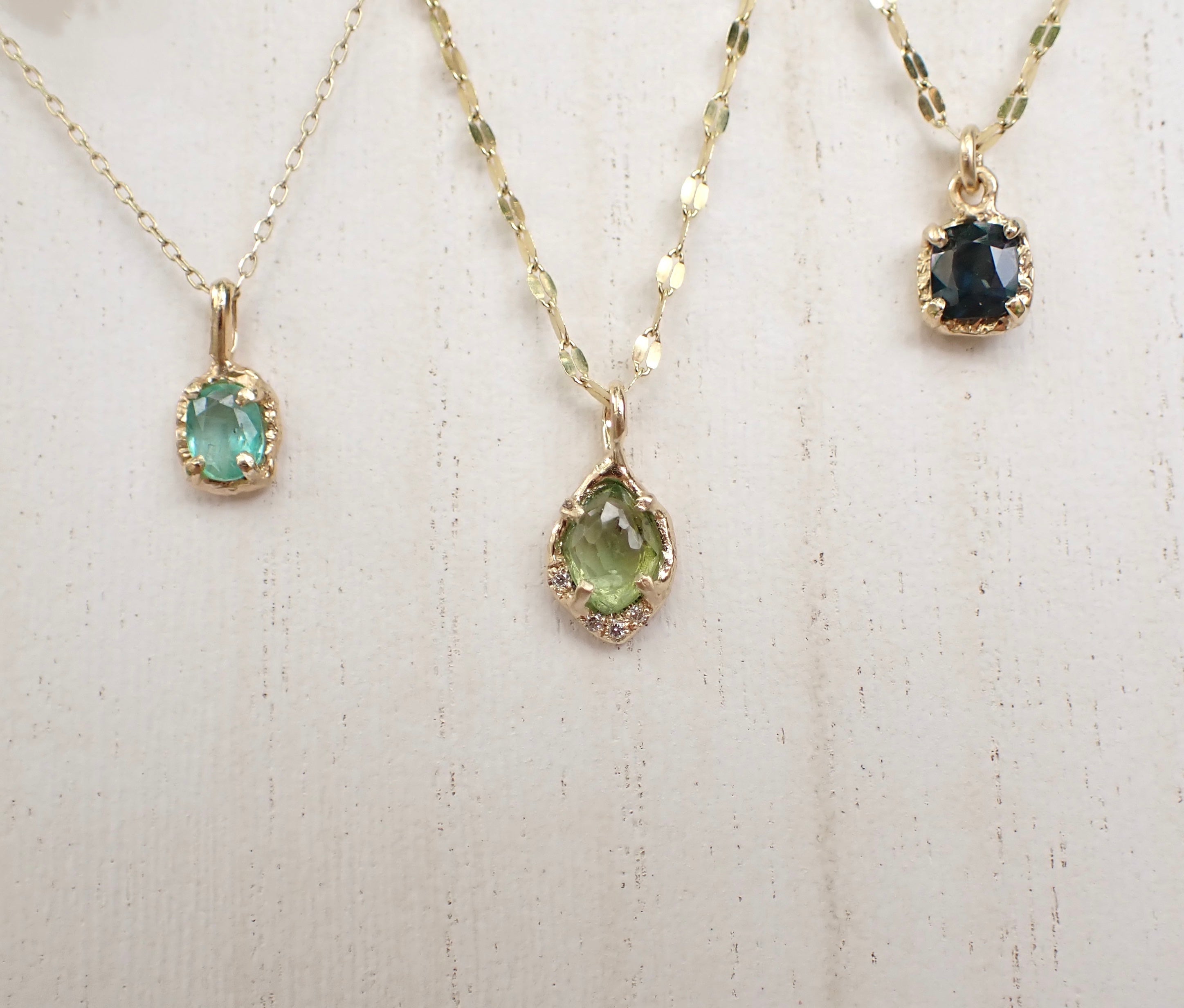 14k Oval Emerald Necklace - Salt and Pepper Diamond Ring- mossNstone