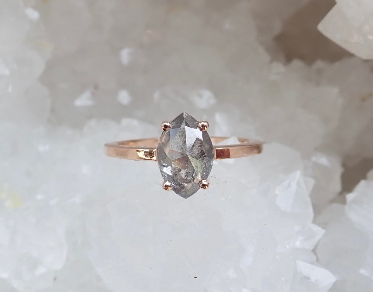 2.07ct Salt and Pepper Marquis Diamond Solitaire Ring 14k Rose Gold - Salt and Pepper Diamond Ring- mossNstone