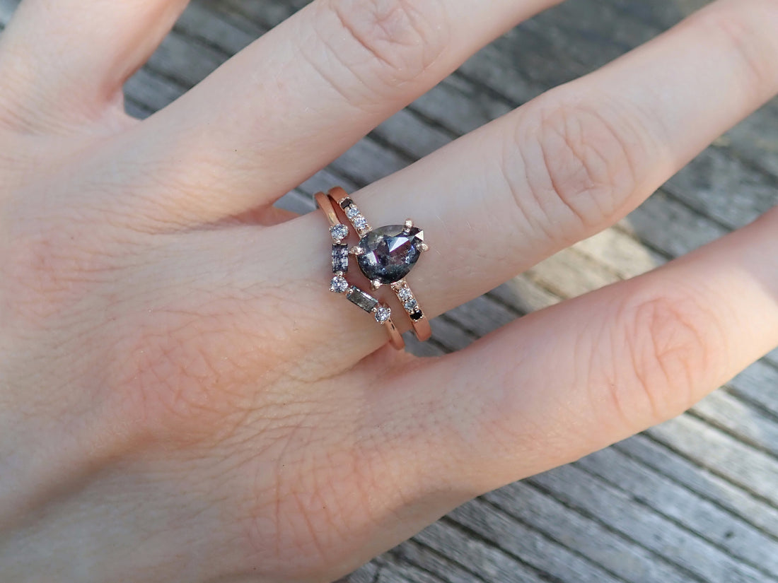 Accented Baguette Chevron Wedding Band - Salt and Pepper Diamond Ring- mossNstone