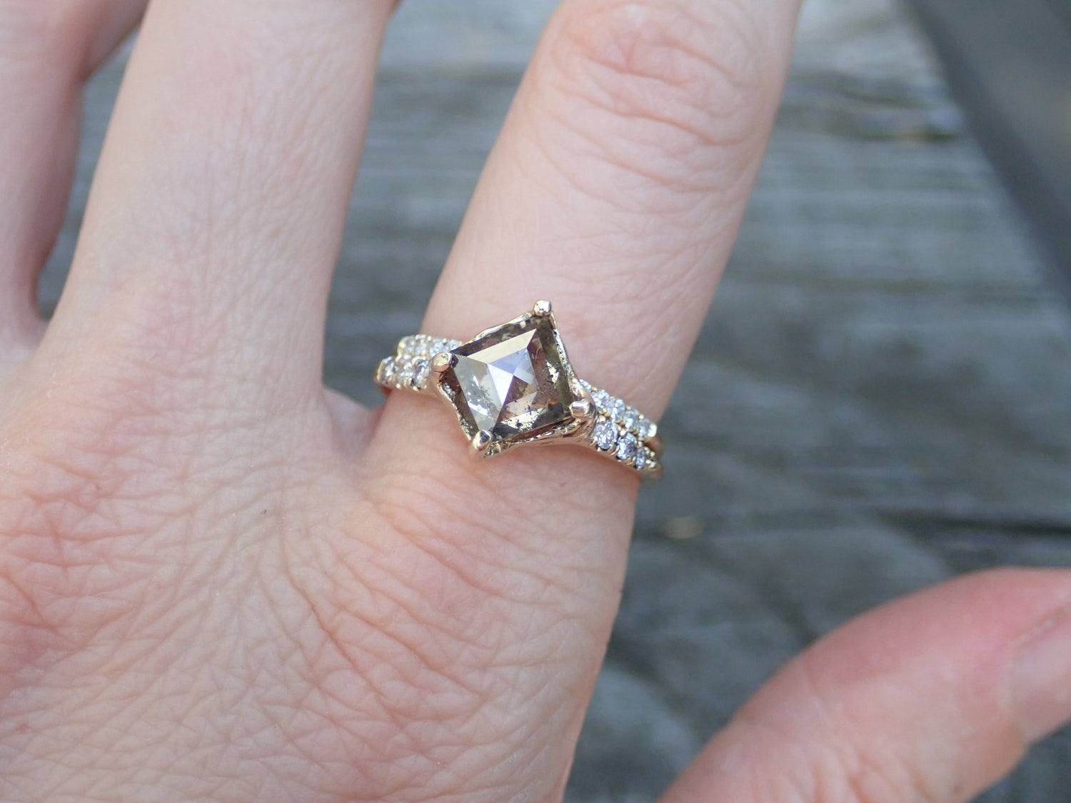 Salt and Pepper, Geometric Kite Diamond ring set, 14k Yellow Gold - Salt and Pepper Diamond Ring- mossNstone