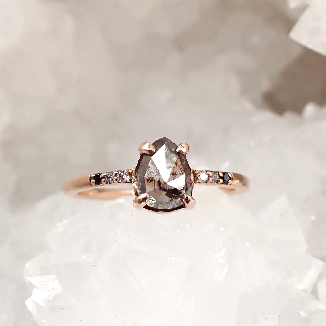 Salt and Pepper Pear - Ombre Accent Diamond Ring, 14k Rose Gold - Salt and Pepper Diamond Ring- mossNstone