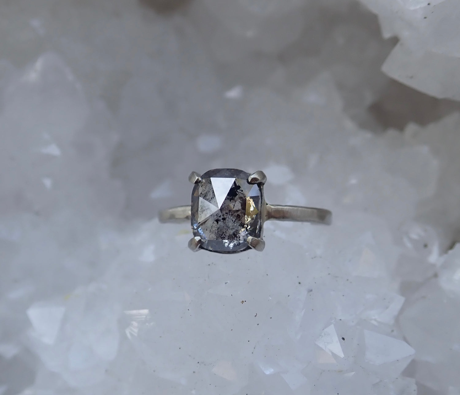 Custom: Cushion and Oval, Rose Cut Salt and Pepper Diamond Ring mossNstone
