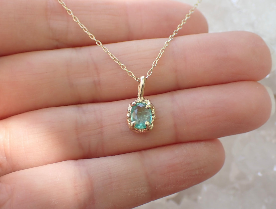 14k Oval Emerald Necklace - Salt and Pepper Diamond Ring- mossNstone
