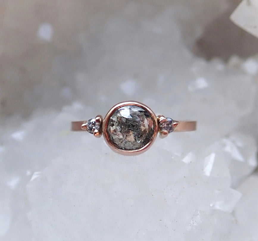 Custom: Round Rose Cut Salt and Pepper Diamond Ring mossNstone