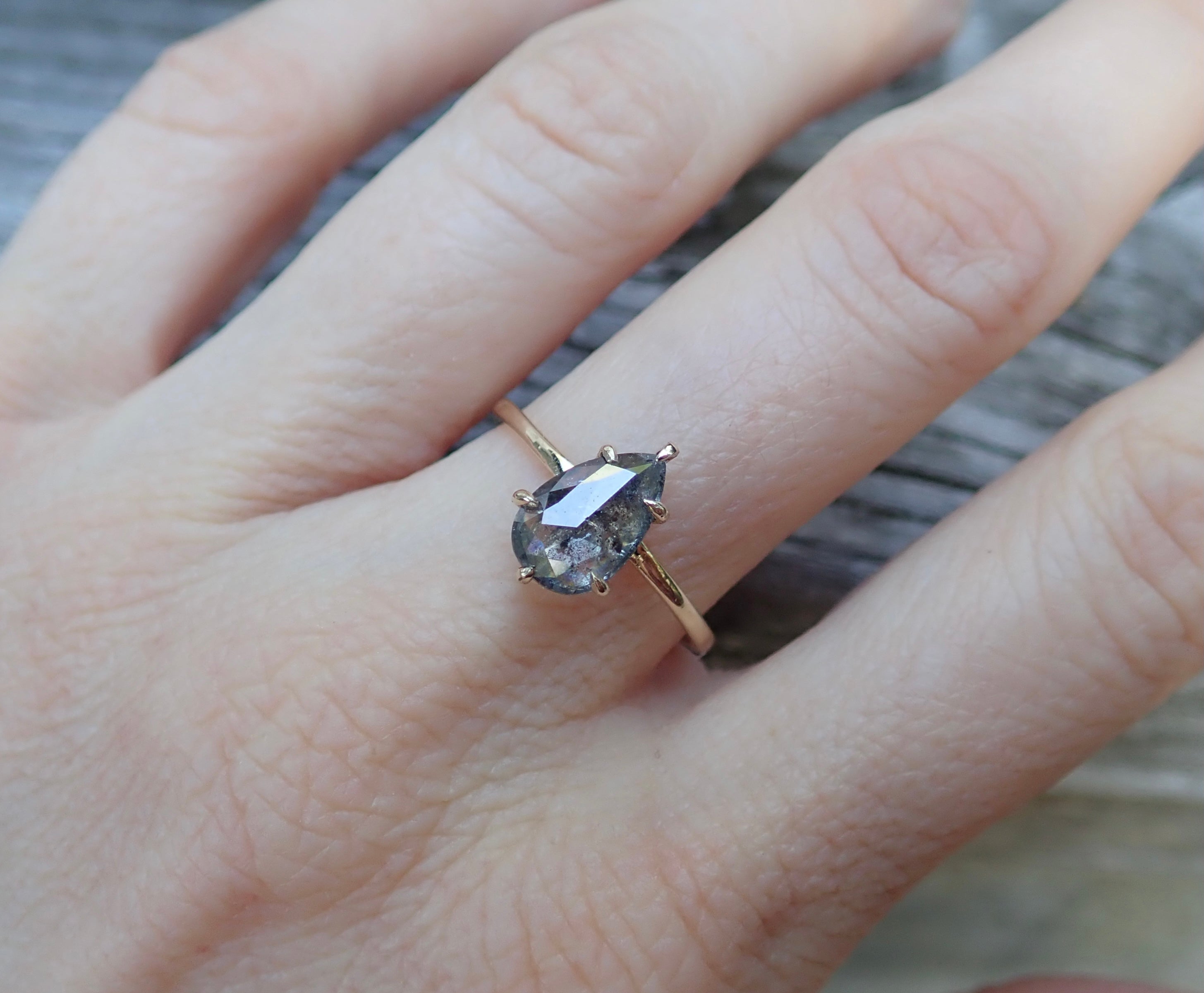 Salt and Pepper Pear Diamond Ring 14k yellow Gold, Six Prong Setting - mossNstone