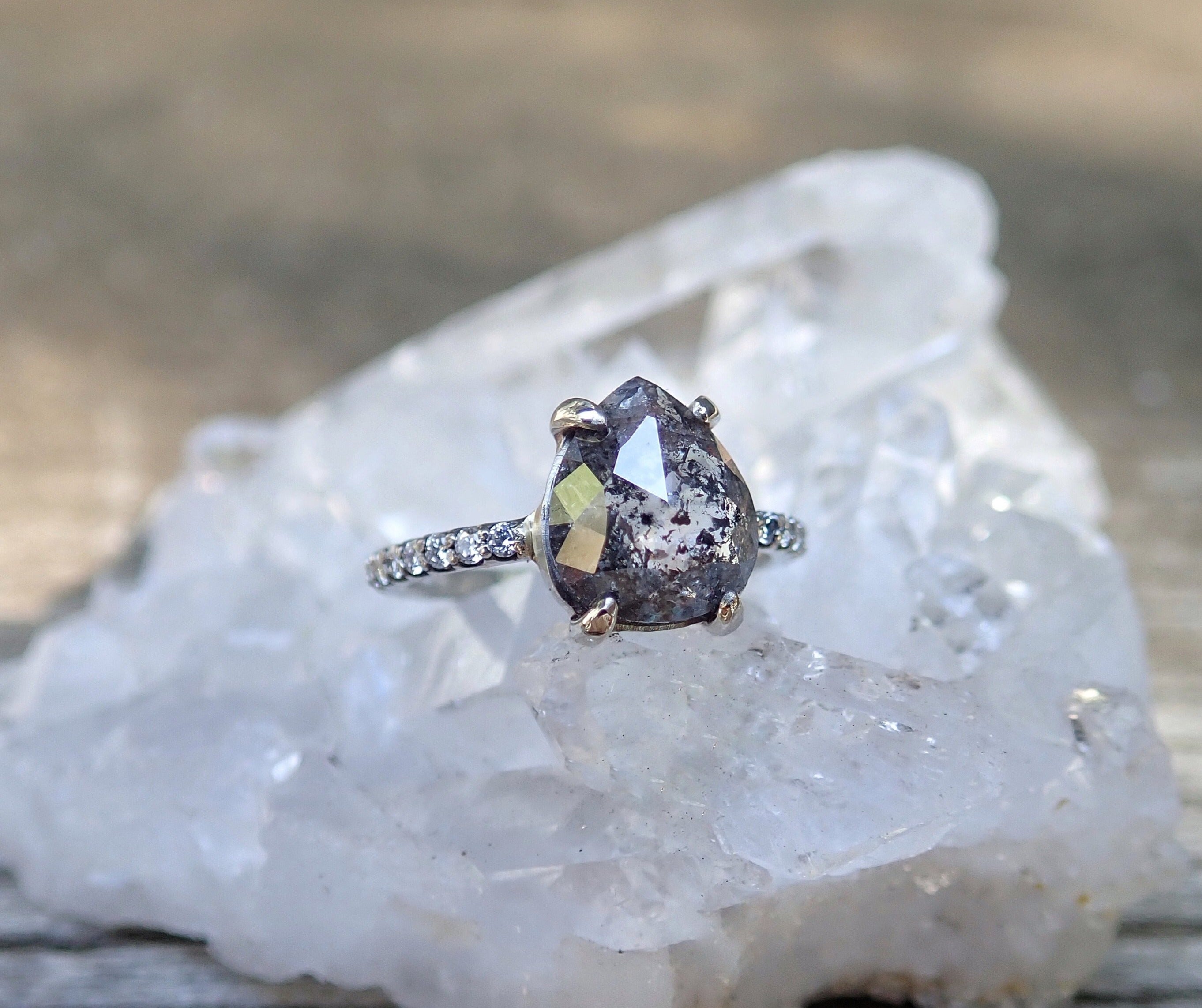Custom: Pear Salt and Pepper Diamond Ring mossNstone