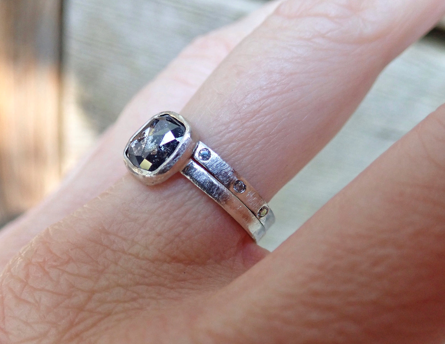 Custom: Cushion and Oval, Rose Cut Salt and Pepper Diamond Ring mossNstone