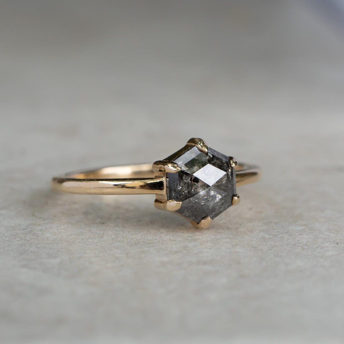 Ready to Ship: 6-prong Salt and Pepper Hexagon Diamond Ring - Salt and Pepper Diamond Ring- mossNstone