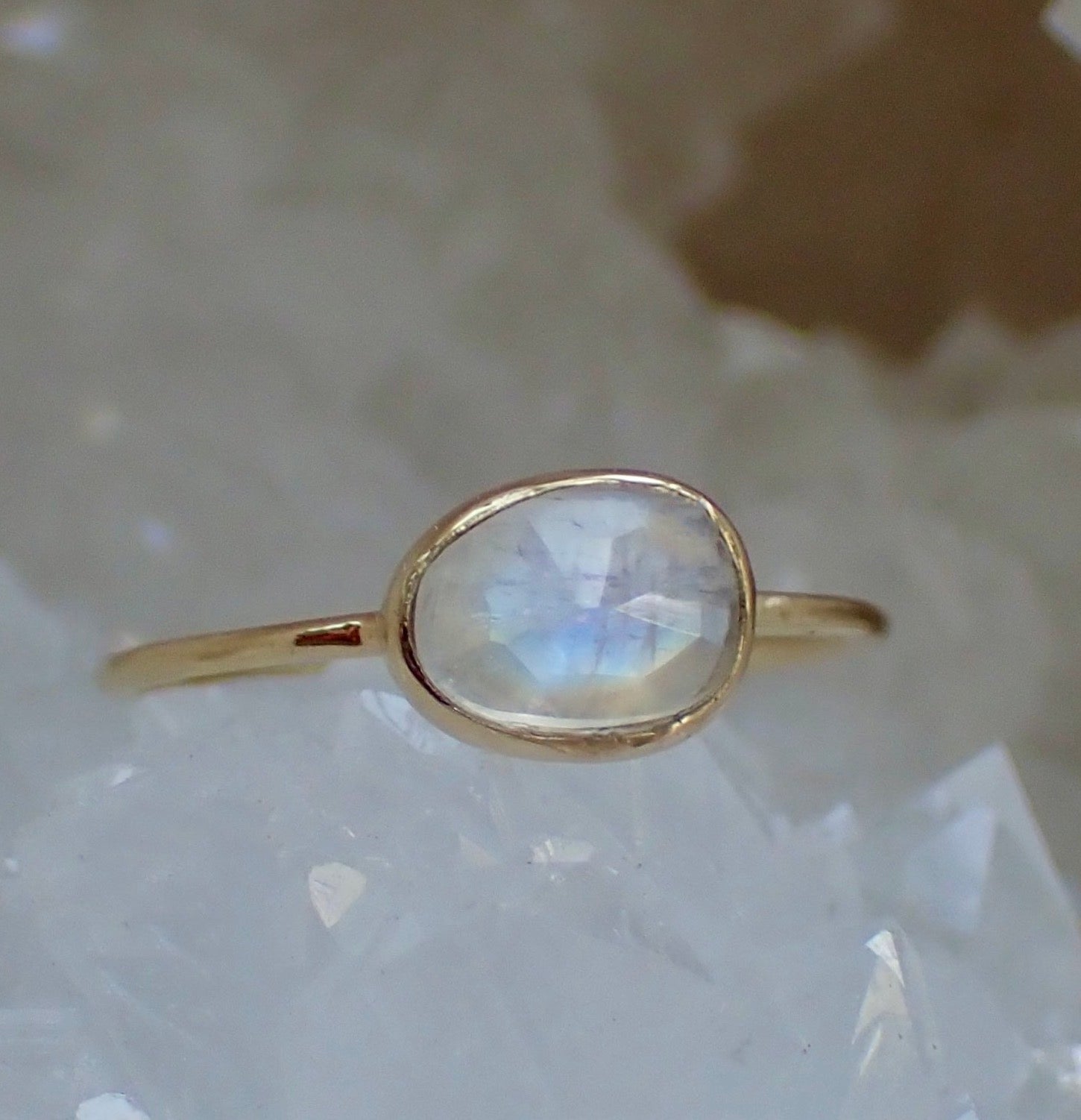 Rainbow Moonstone Ring, Solid 14k, Rose Cut Moonstone, Minimalist Ring - mossNstone