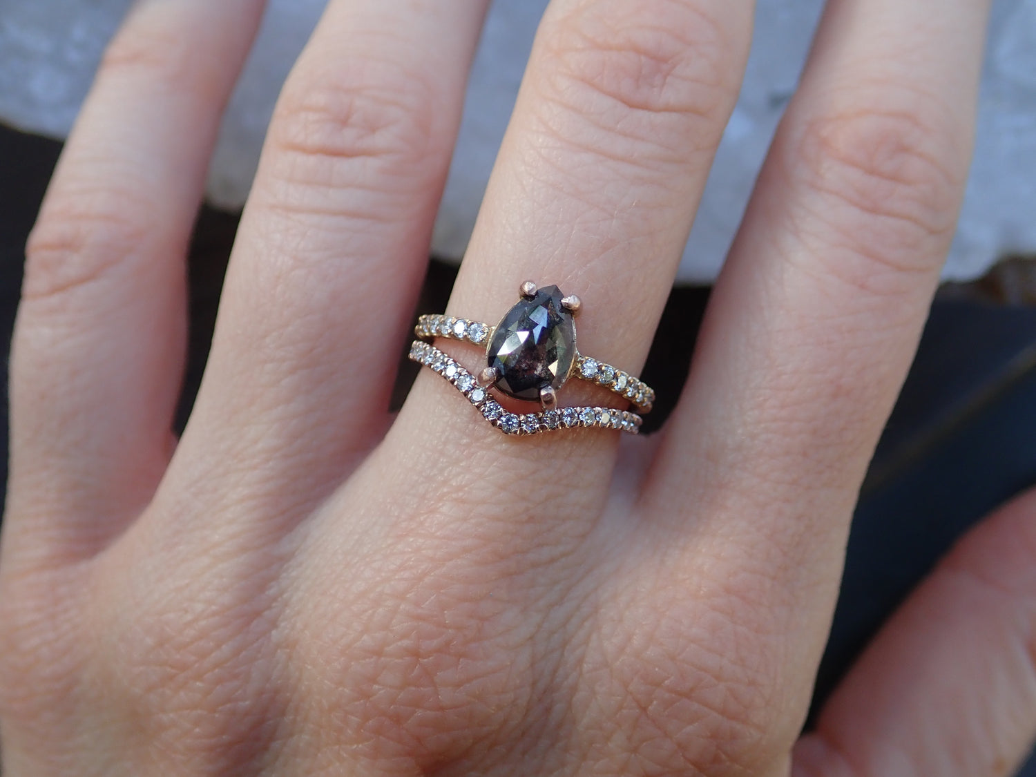 Pavé Chevron Diamond Wedding Band - Salt and Pepper Diamond Ring- mossNstone