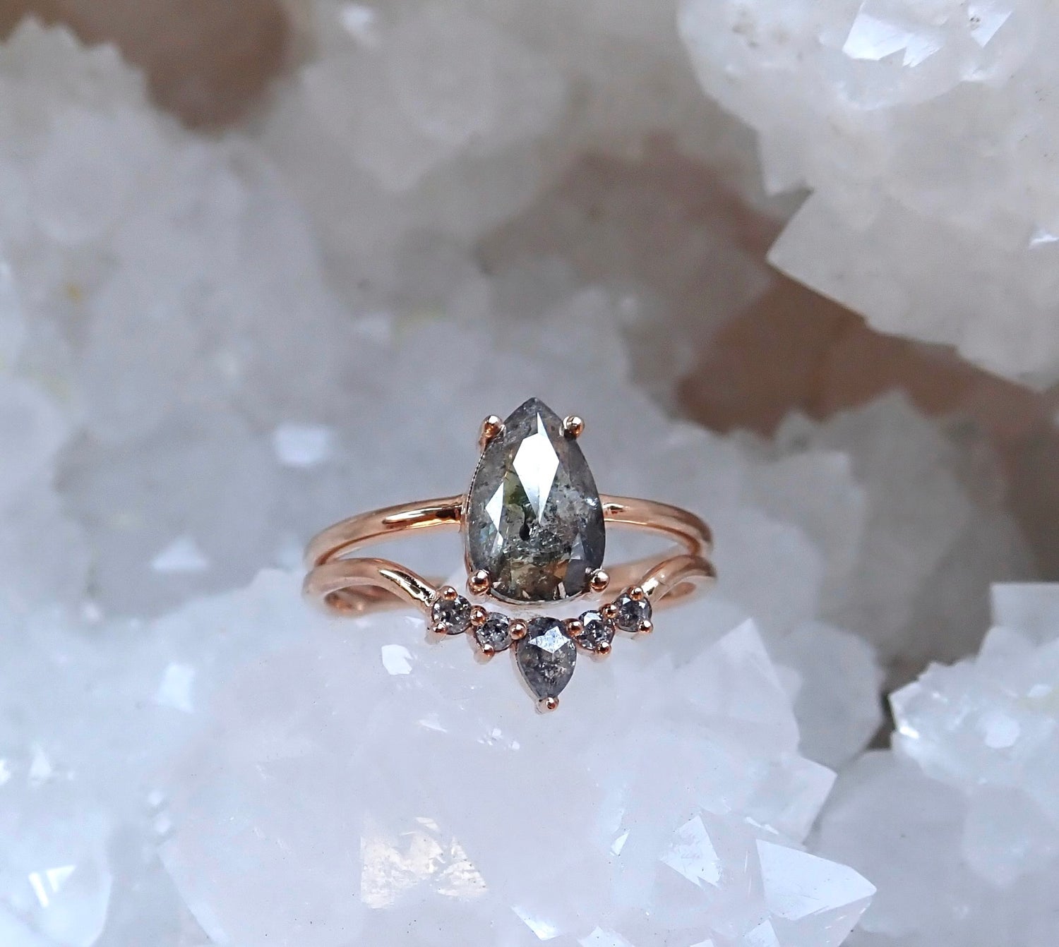 Inverted Pear Contour Ring - Salt and Pepper Diamond Ring- mossNstone