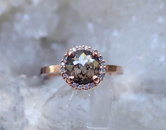 Custom: Round Rose Cut Salt and Pepper Diamond Ring mossNstone