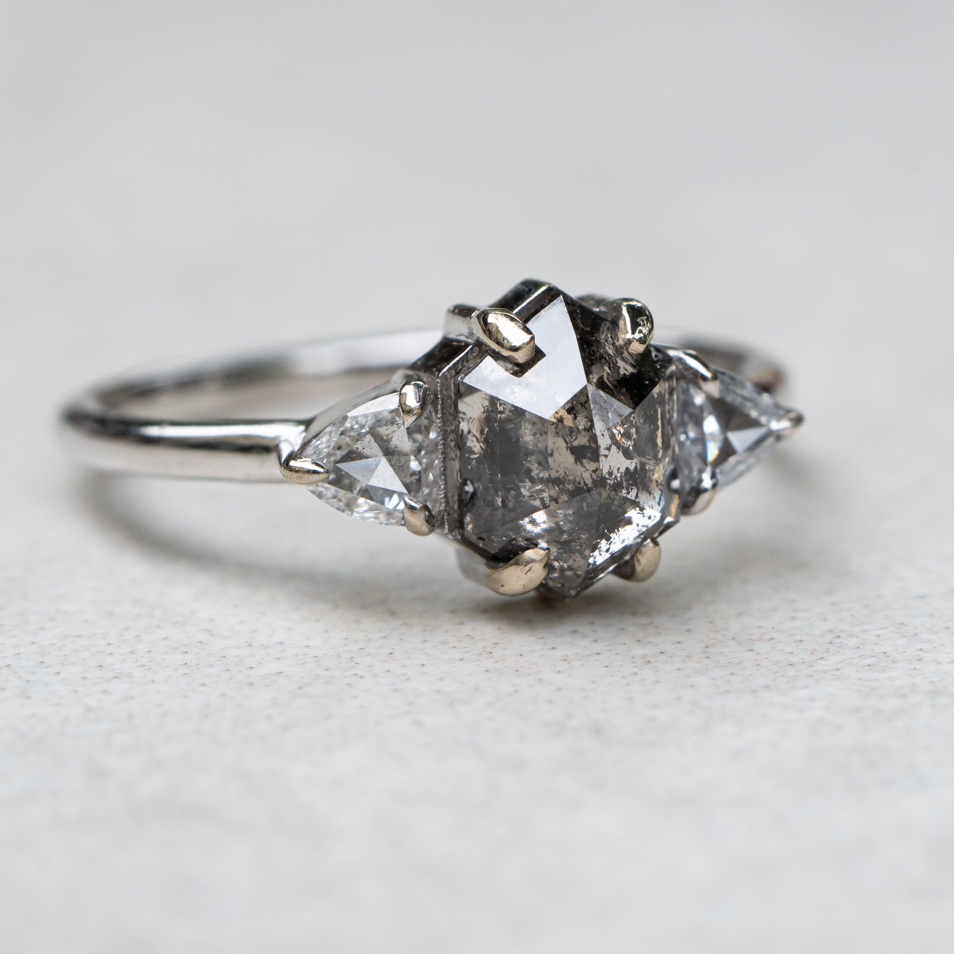 Salt and Pepper Hexagon Diamond Ring with Triangle Accents, 14k White Gold - Salt and Pepper Diamond Ring- mossNstone