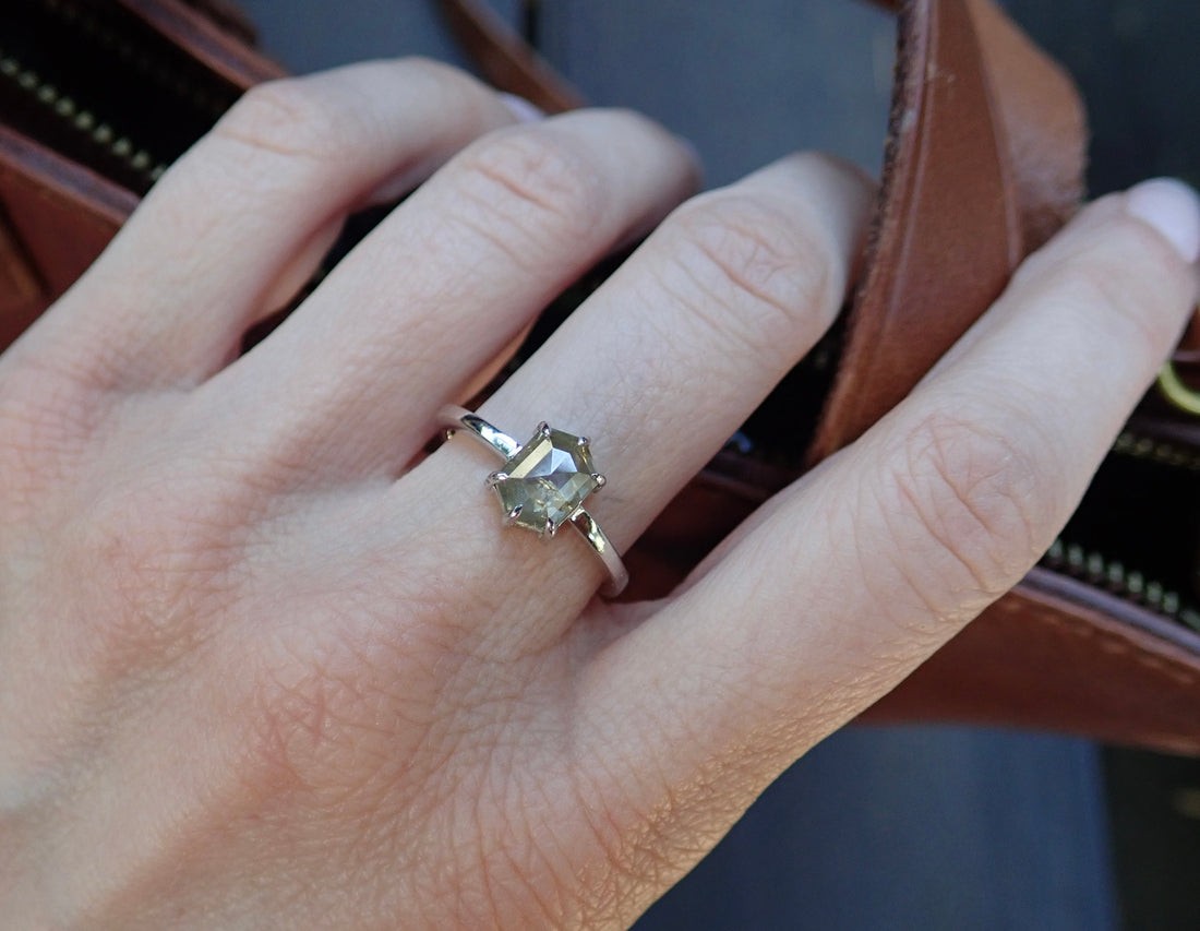 Elongated Hexagon Salt and Pepper Diamond Ring 14k White Gold - Salt and Pepper Diamond Ring- mossNstone