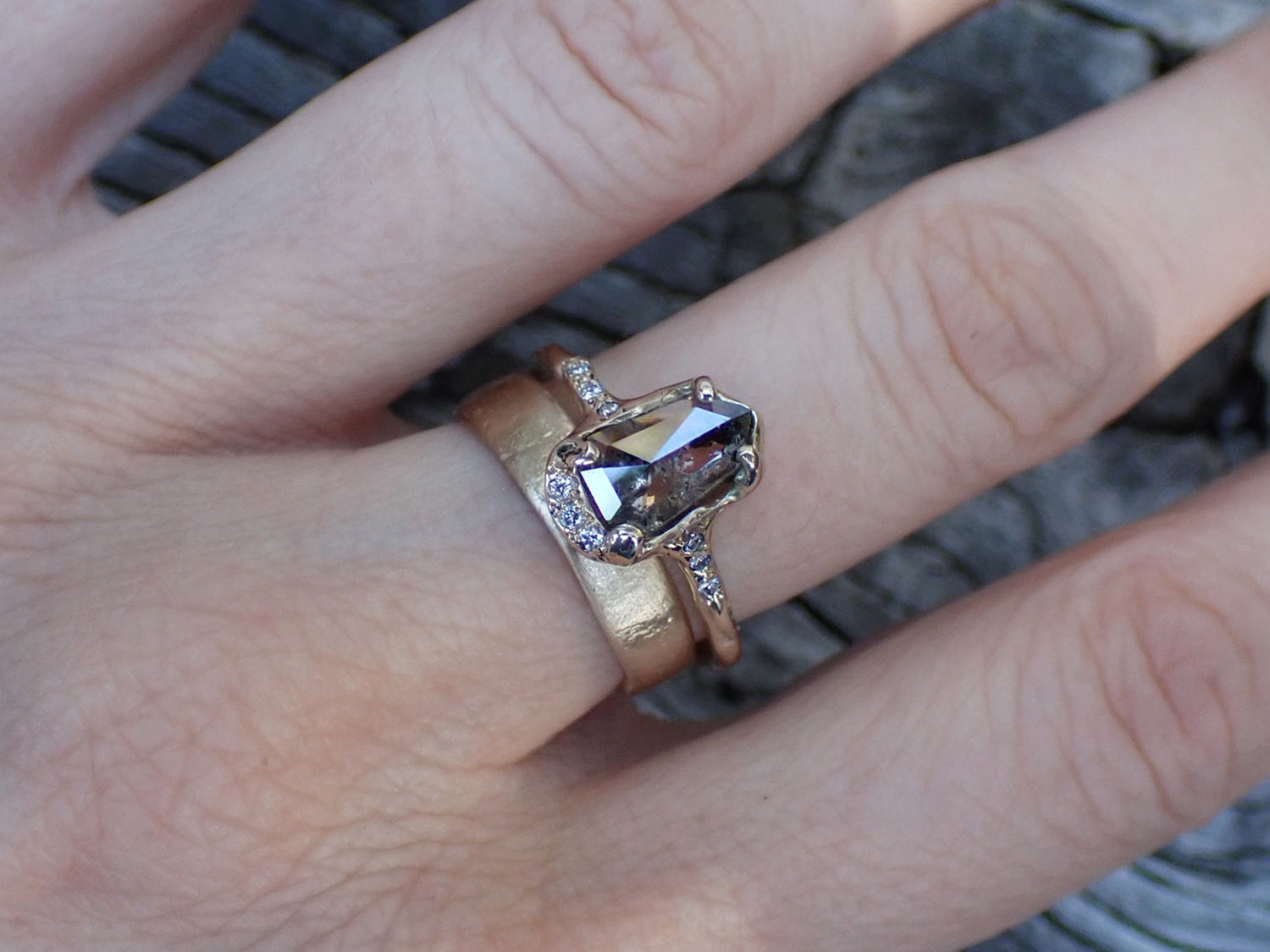 Select Your Own Shield Cut Diamond, 14k Hand Carved Setting - Salt and Pepper Diamond Ring- mossNstone