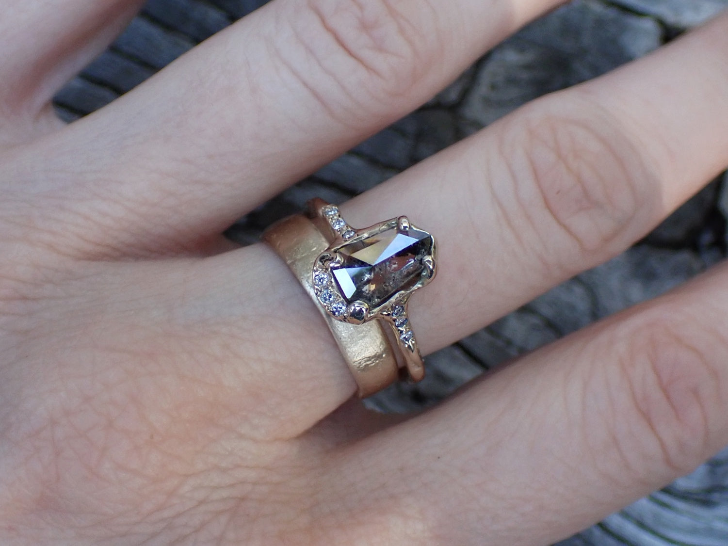 Select Your Own Shield Cut Diamond, 14k Hand Carved Setting - Salt and Pepper Diamond Ring- mossNstone