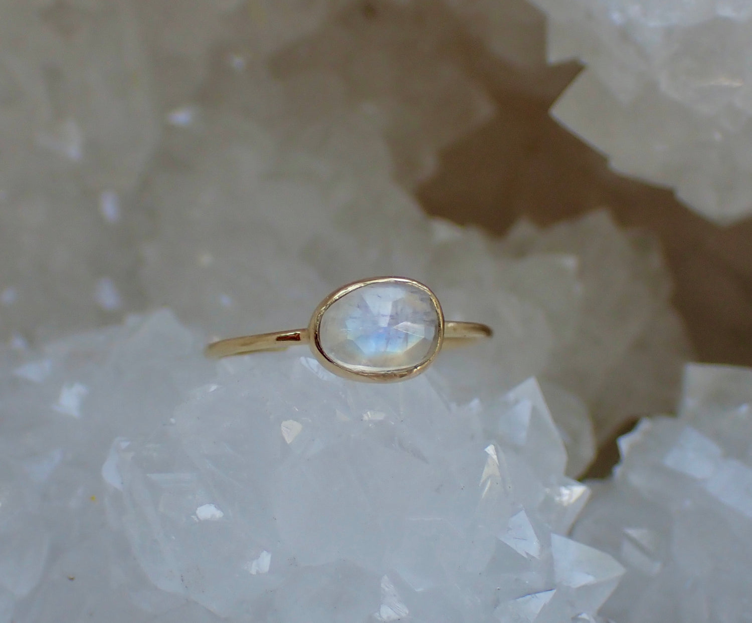Rainbow Moonstone Ring, Solid 14k, Rose Cut Moonstone, Minimalist Ring - mossNstone